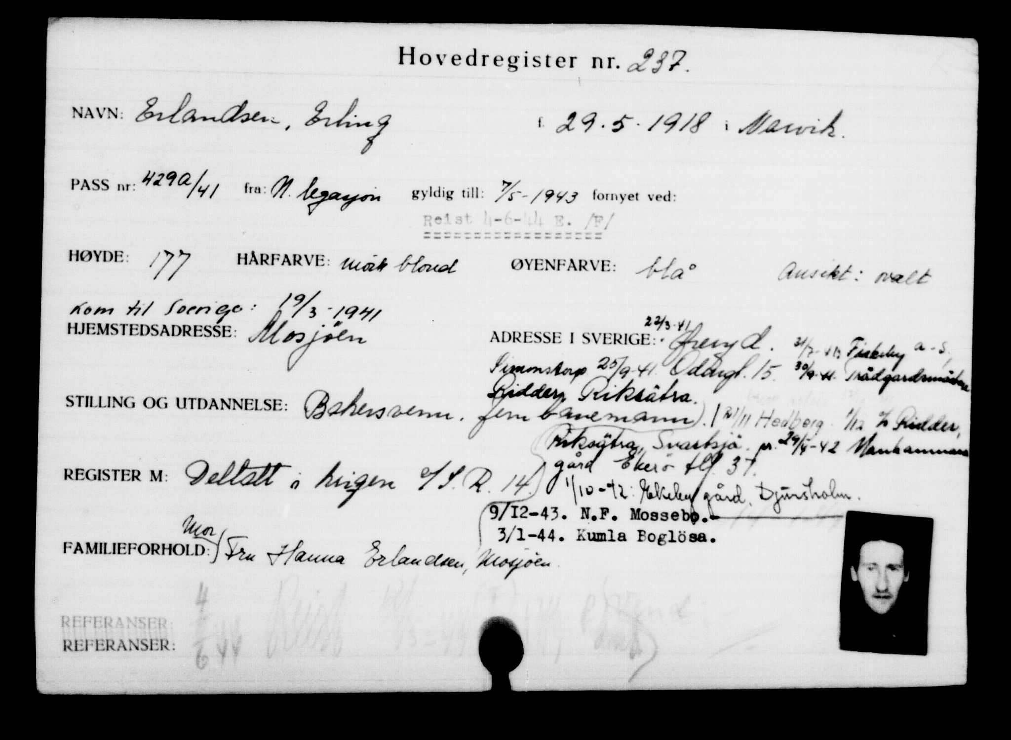 Utenriksstasjonene, Legasjonen i Stockholm, Flyktningkontoret, AV/RA-S-6753/V/Va/L0001: Kjesäterkartoteket, flyktninger med registreringsnr. 1-1000, 1940-1945, p. 379