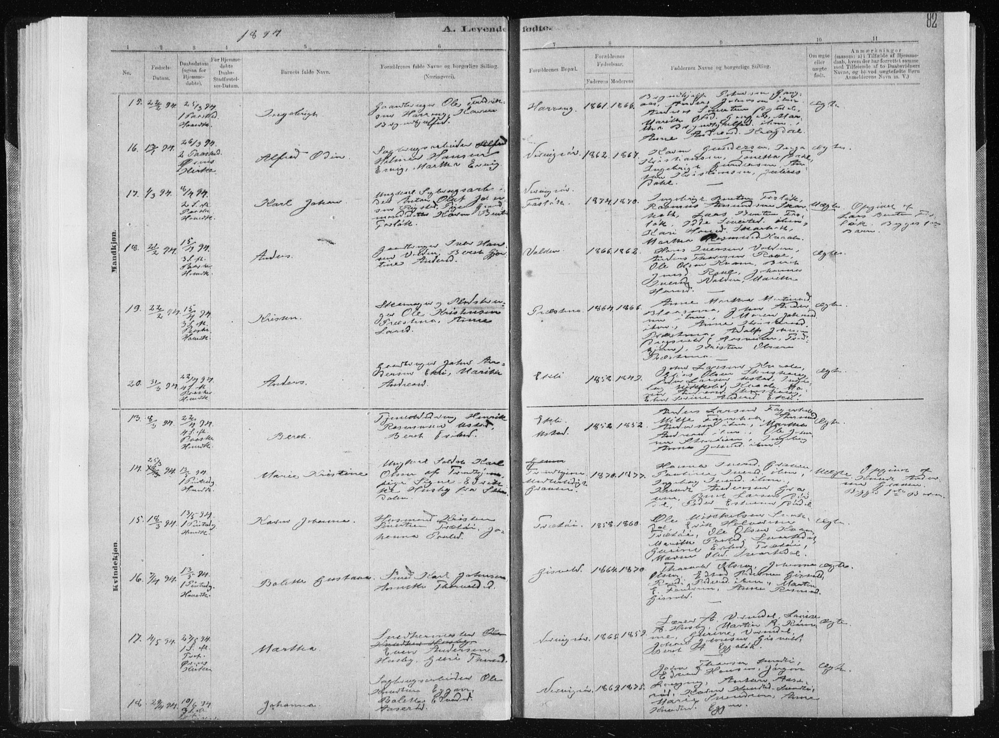 Ministerialprotokoller, klokkerbøker og fødselsregistre - Sør-Trøndelag, AV/SAT-A-1456/668/L0818: Parish register (copy) no. 668C07, 1885-1898, p. 82