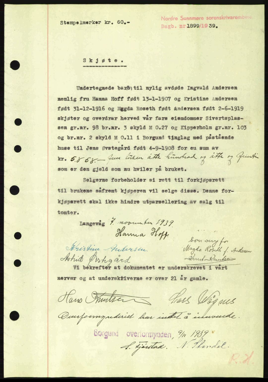 Nordre Sunnmøre sorenskriveri, AV/SAT-A-0006/1/2/2C/2Ca: Mortgage book no. A8, 1939-1940, Diary no: : 1899/1939