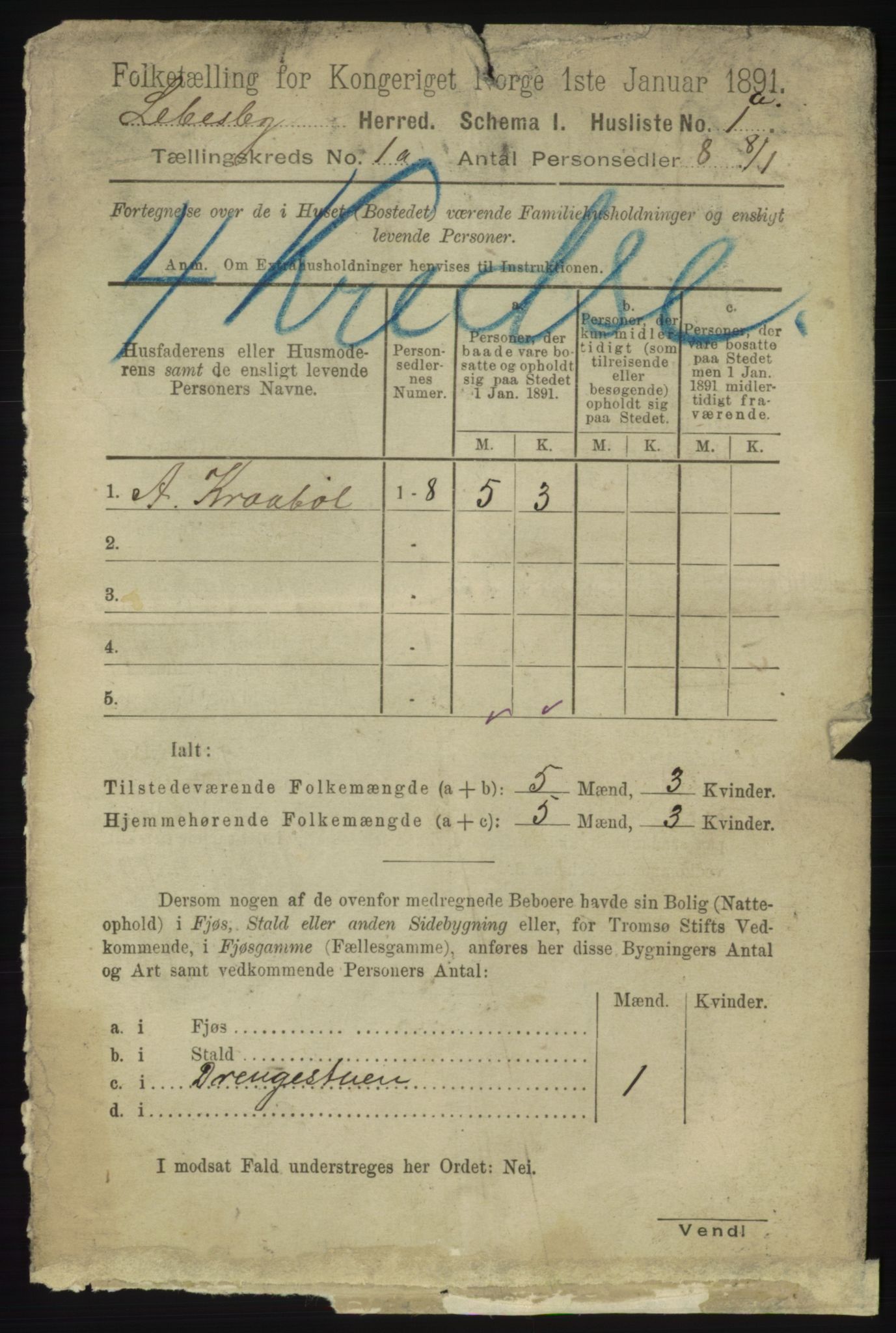 RA, 1891 census for 2022 Lebesby, 1891, p. 20