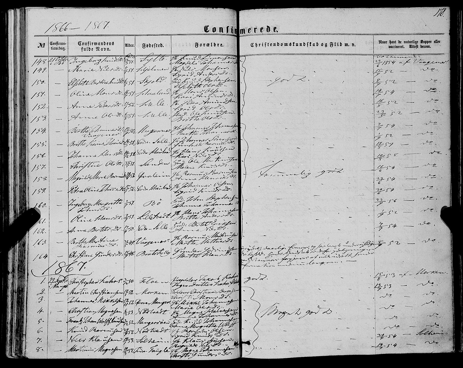 Manger sokneprestembete, SAB/A-76801/H/Haa: Parish register (official) no. A 7, 1860-1870, p. 178