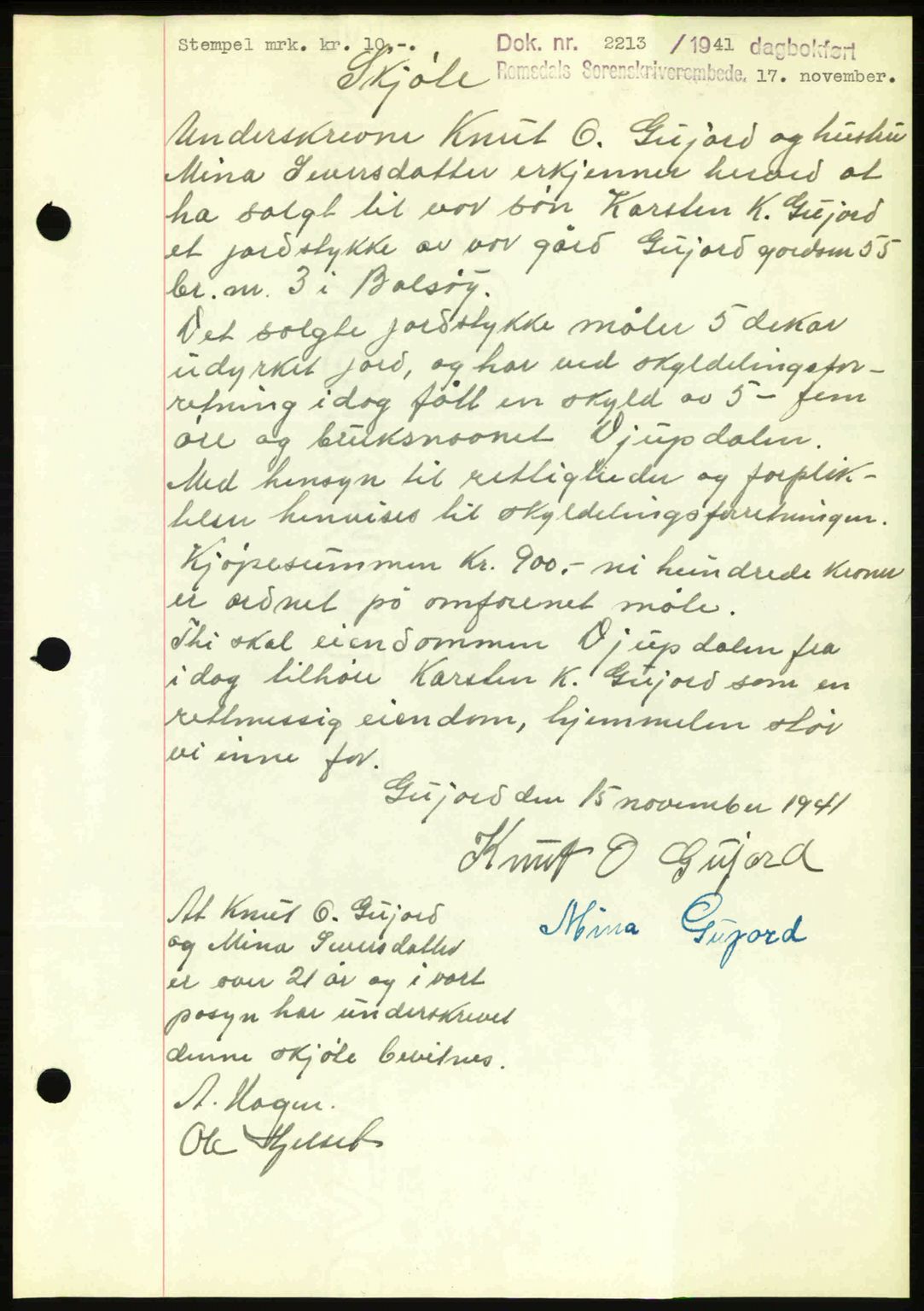 Romsdal sorenskriveri, AV/SAT-A-4149/1/2/2C: Mortgage book no. A11, 1941-1942, Diary no: : 2213/1941