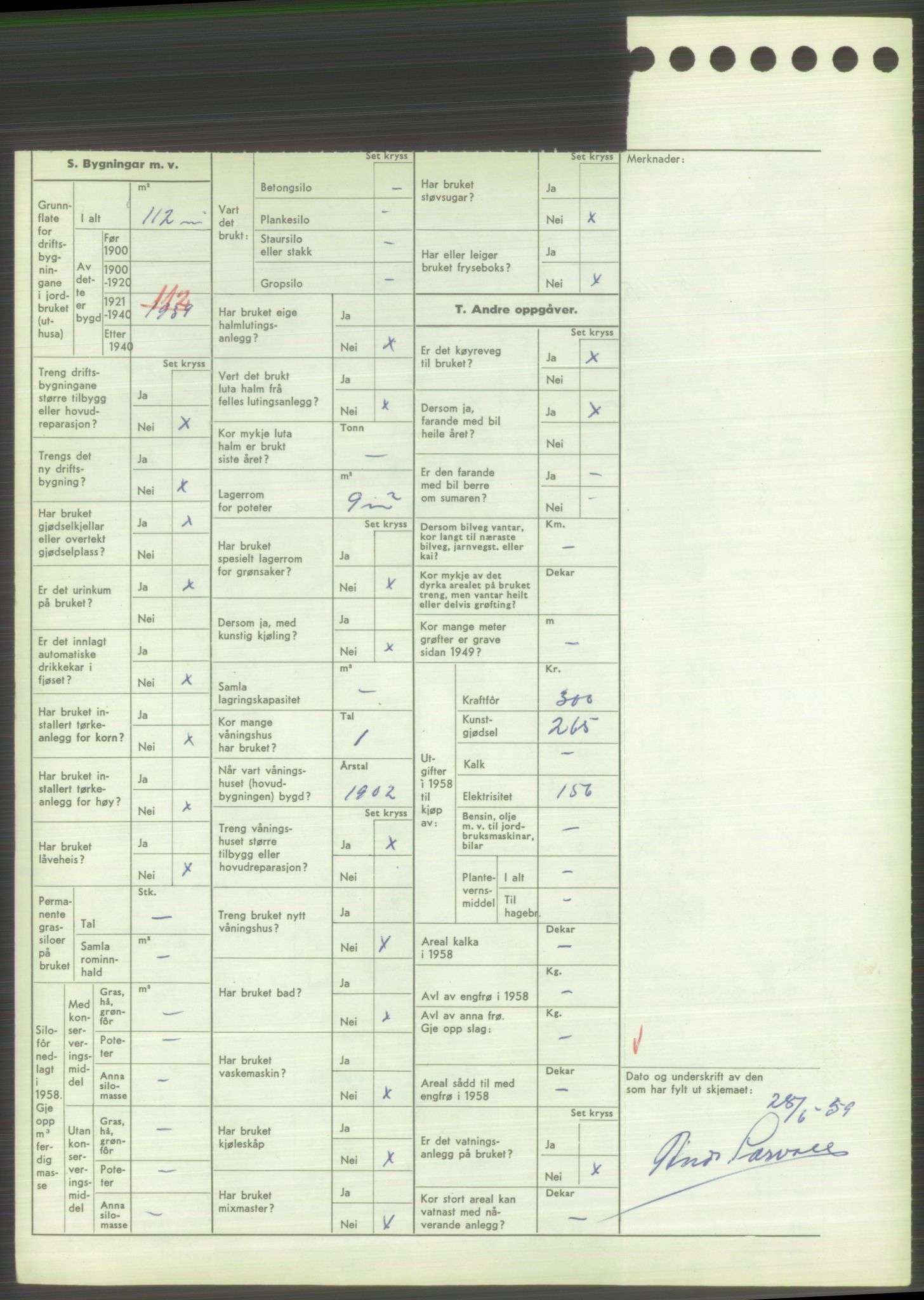 Statistisk sentralbyrå, Næringsøkonomiske emner, Jordbruk, skogbruk, jakt, fiske og fangst, AV/RA-S-2234/G/Gd/L0373: Rogaland: 1130 Strand (kl. 1-2), 1131 Årdal og 1132 Fister, 1959, p. 1172