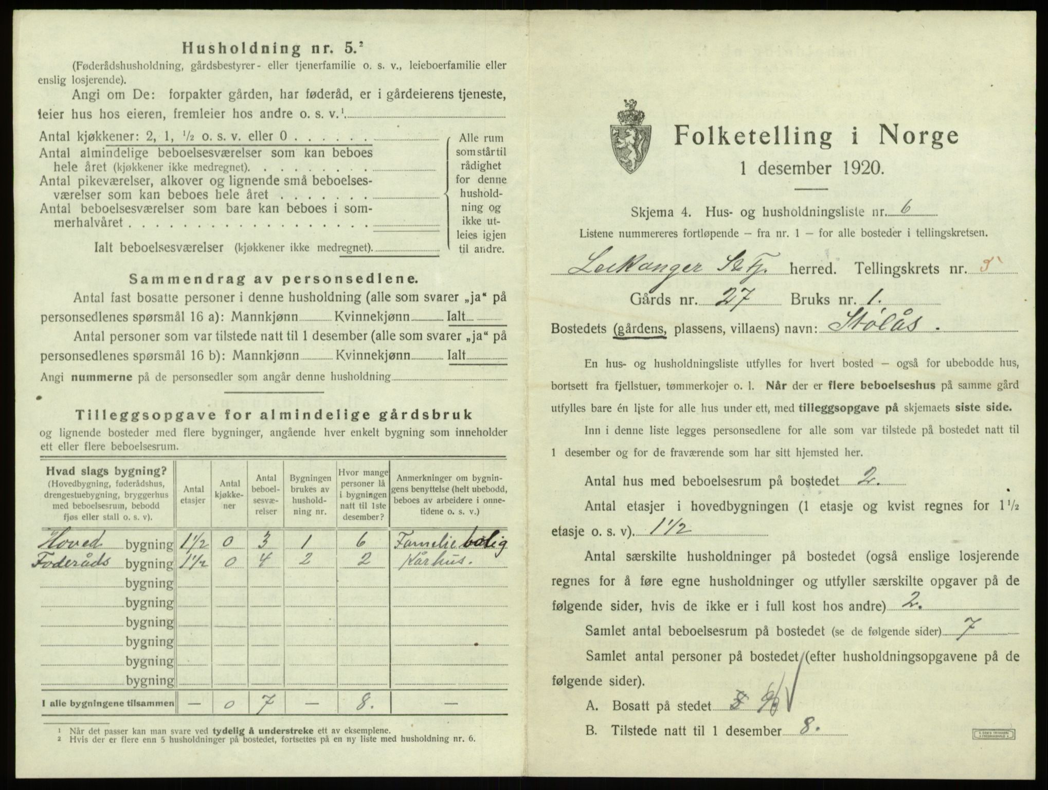 SAB, 1920 census for Leikanger, 1920, p. 532