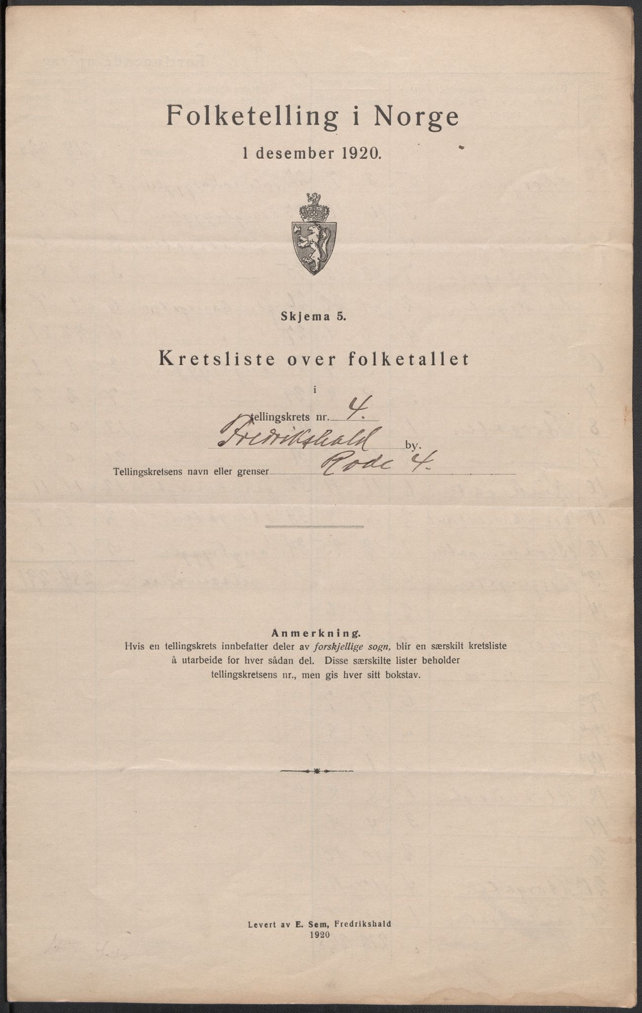 SAO, 1920 census for Fredrikshald, 1920, p. 15