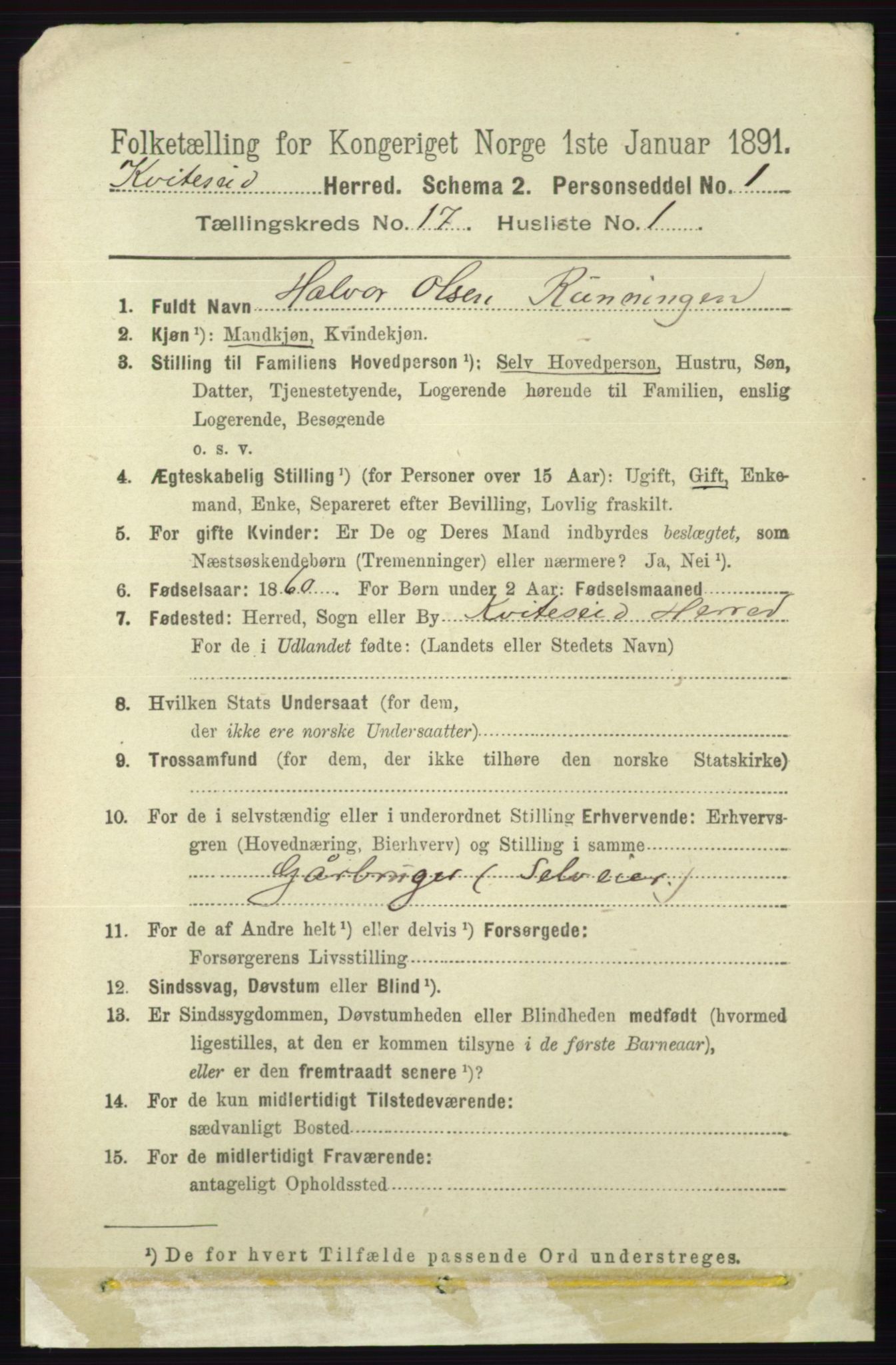 RA, 1891 census for 0829 Kviteseid, 1891, p. 3779