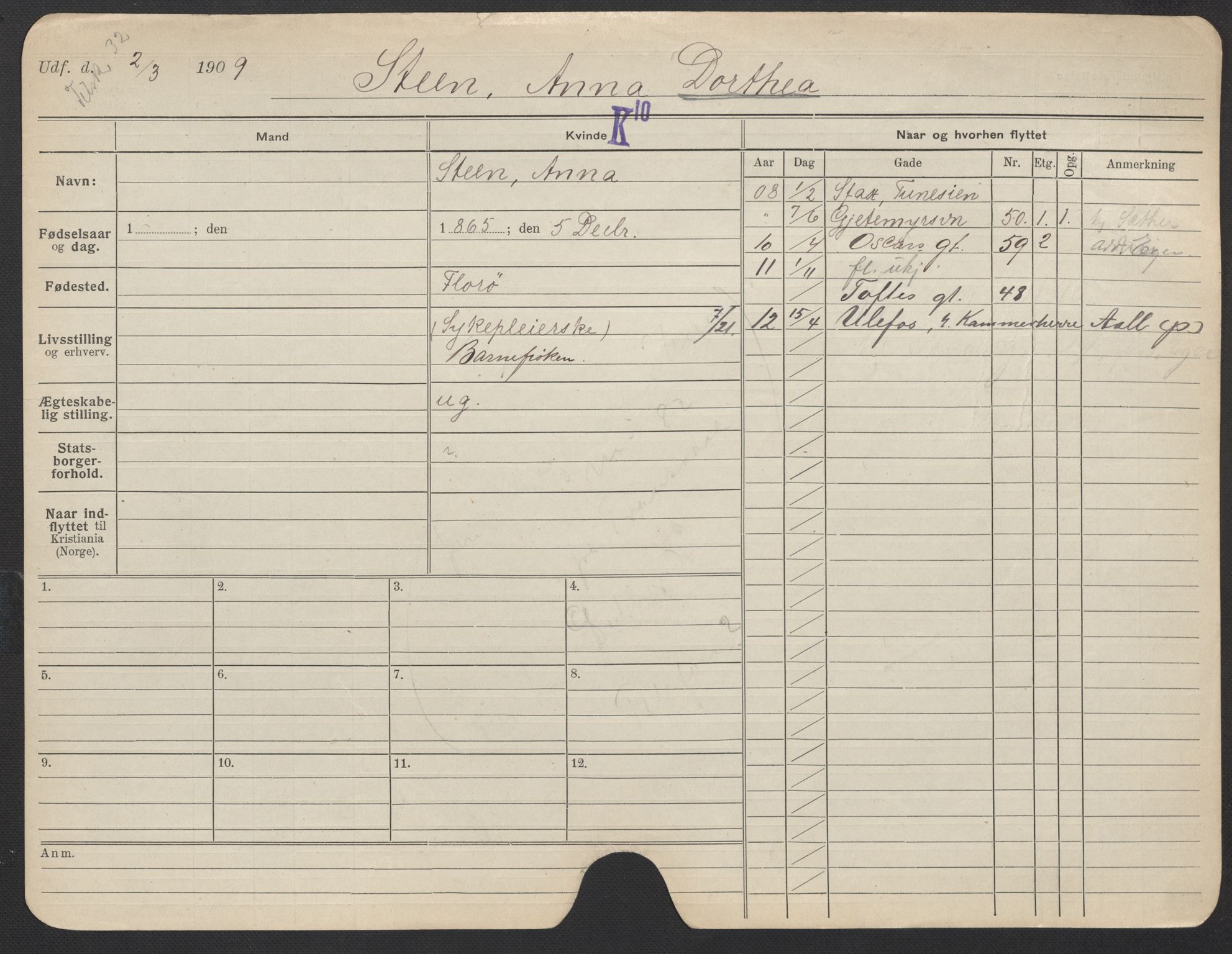 Oslo folkeregister, Registerkort, AV/SAO-A-11715/F/Fa/Fac/L0024: Kvinner, 1906-1914, p. 175a