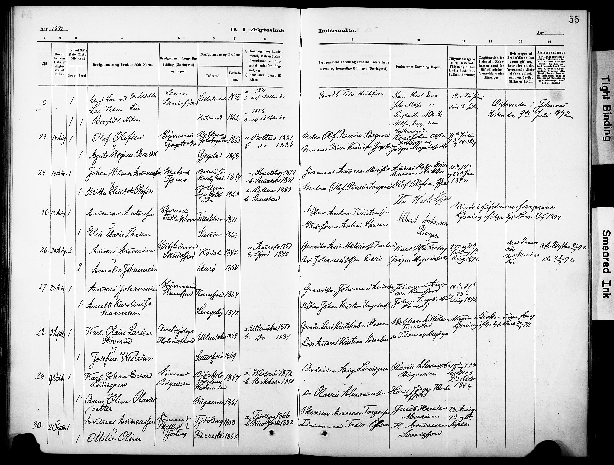 Sandar kirkebøker, AV/SAKO-A-243/F/Fa/L0013: Parish register (official) no. 13, 1883-1895, p. 55