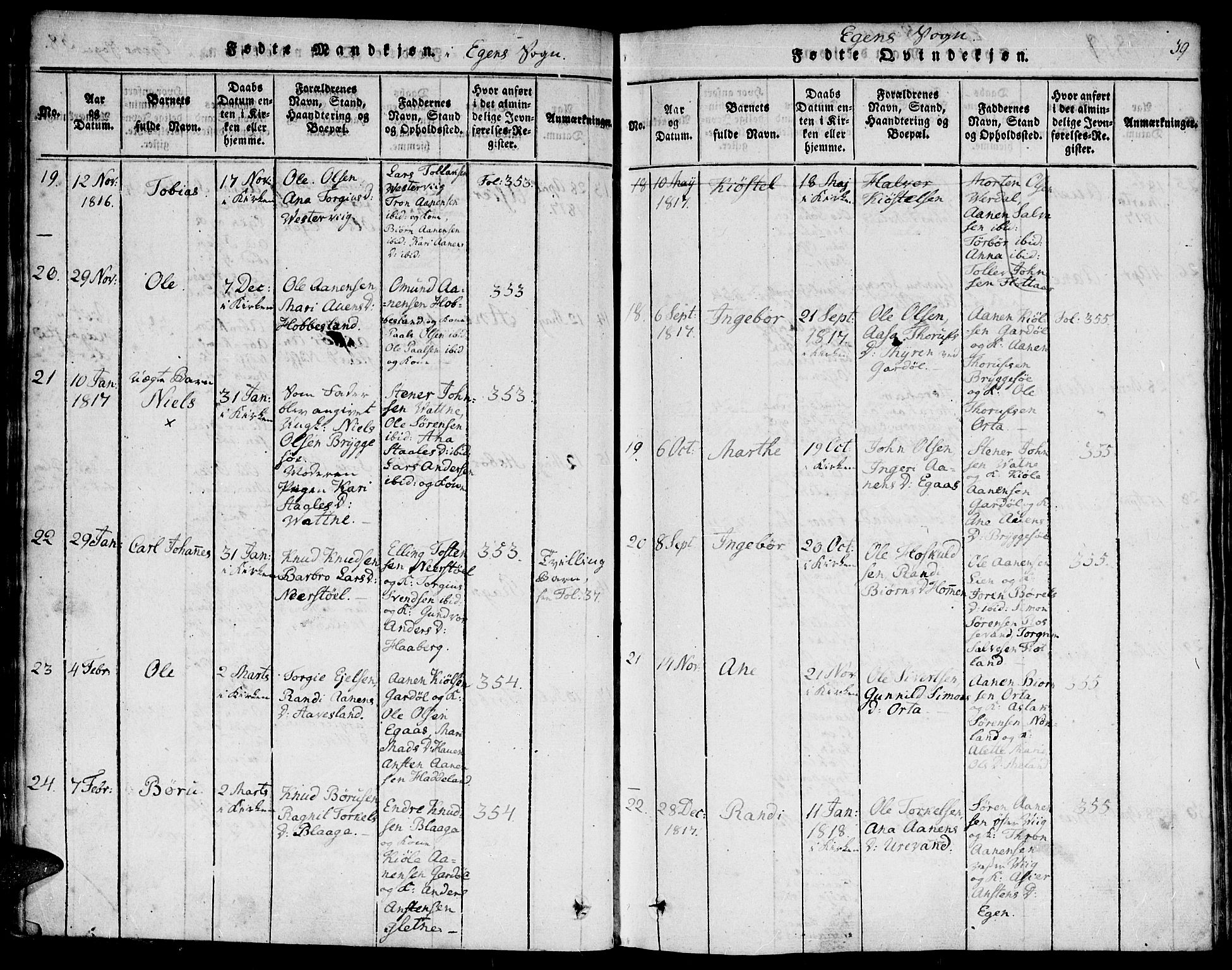 Hægebostad sokneprestkontor, SAK/1111-0024/F/Fa/Faa/L0002: Parish register (official) no. A 2 /2, 1816-1824, p. 39
