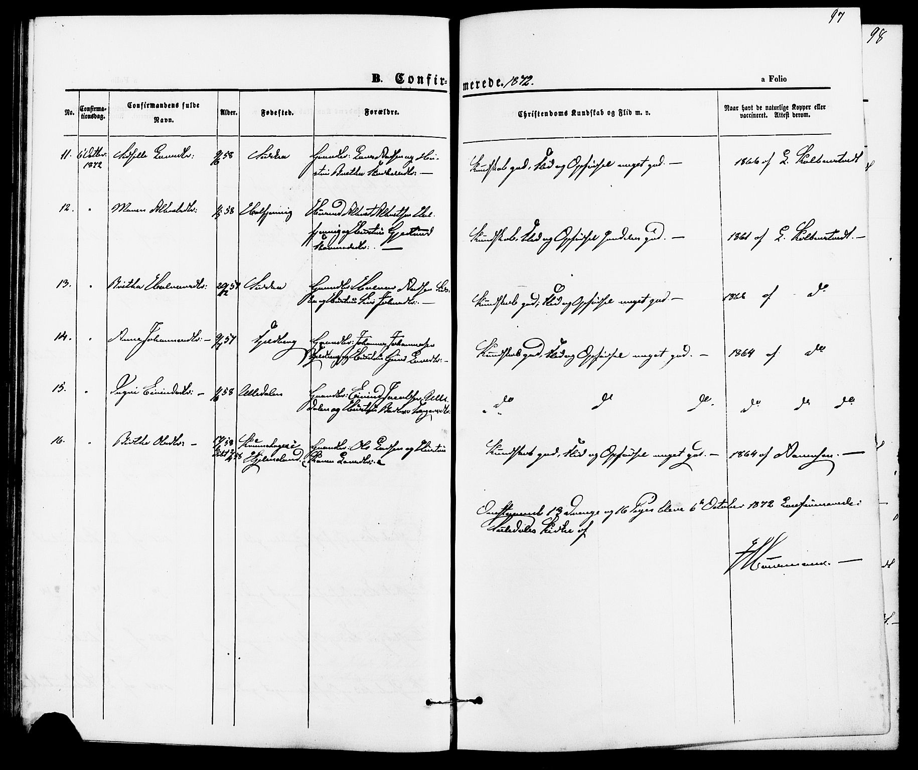 Suldal sokneprestkontor, AV/SAST-A-101845/01/IV/L0010: Parish register (official) no. A 10, 1869-1878, p. 97