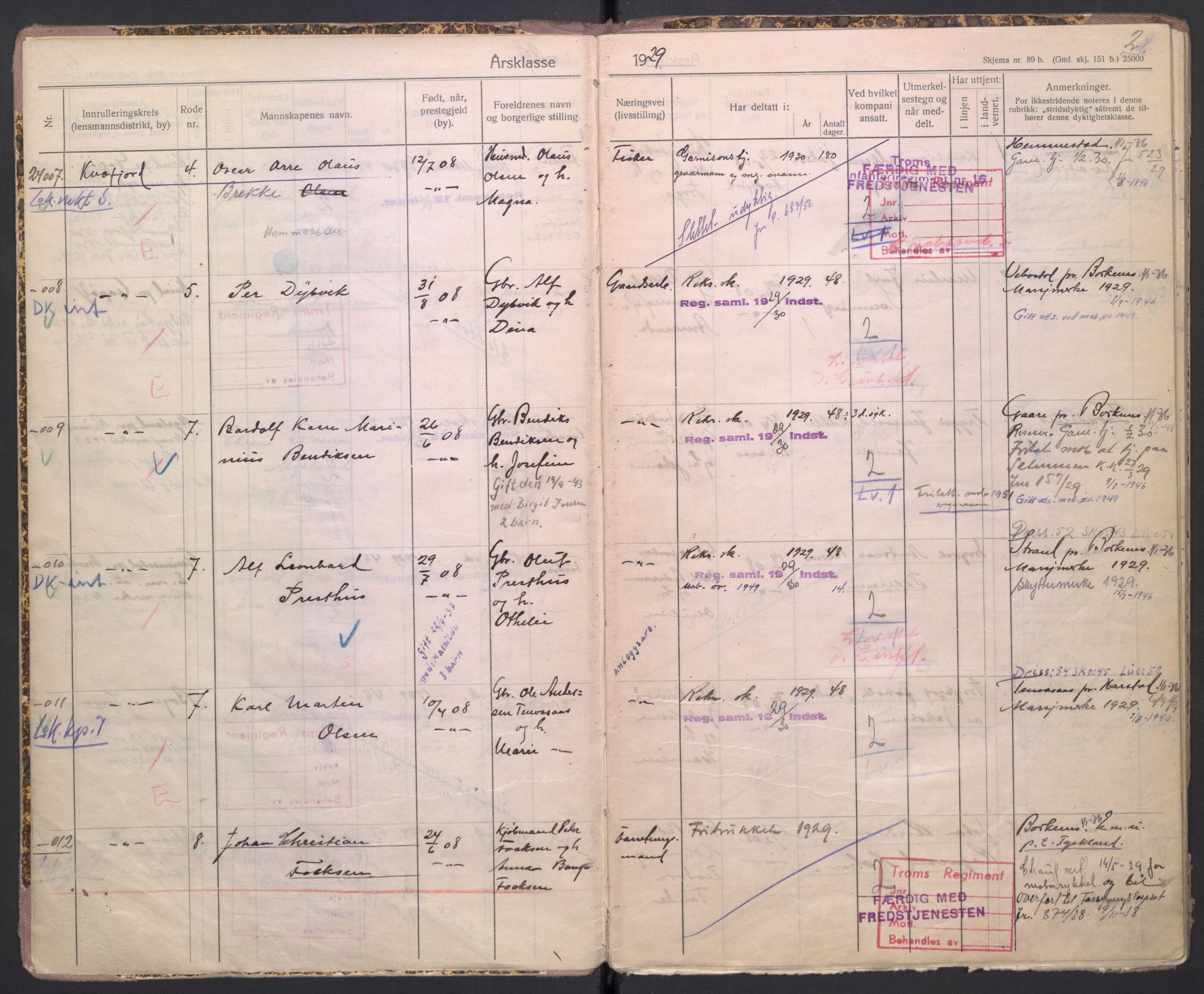 Forsvaret, Troms infanteriregiment nr. 16, AV/RA-RAFA-3146/P/Pa/L0004/0009: Ruller / Rulle for Trondenes bataljons menige mannskaper, årsklasse 1929, 1929, p. 2