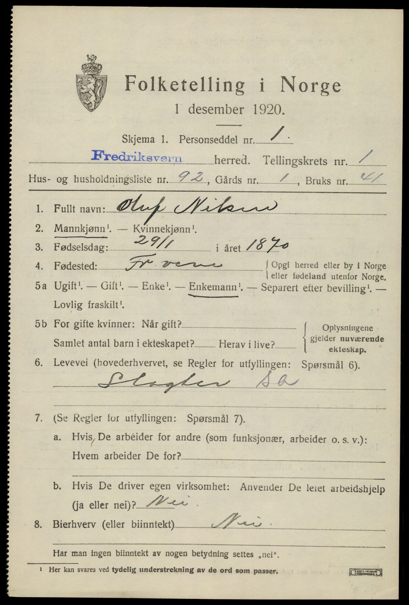 SAKO, 1920 census for Fredriksvern, 1920, p. 961