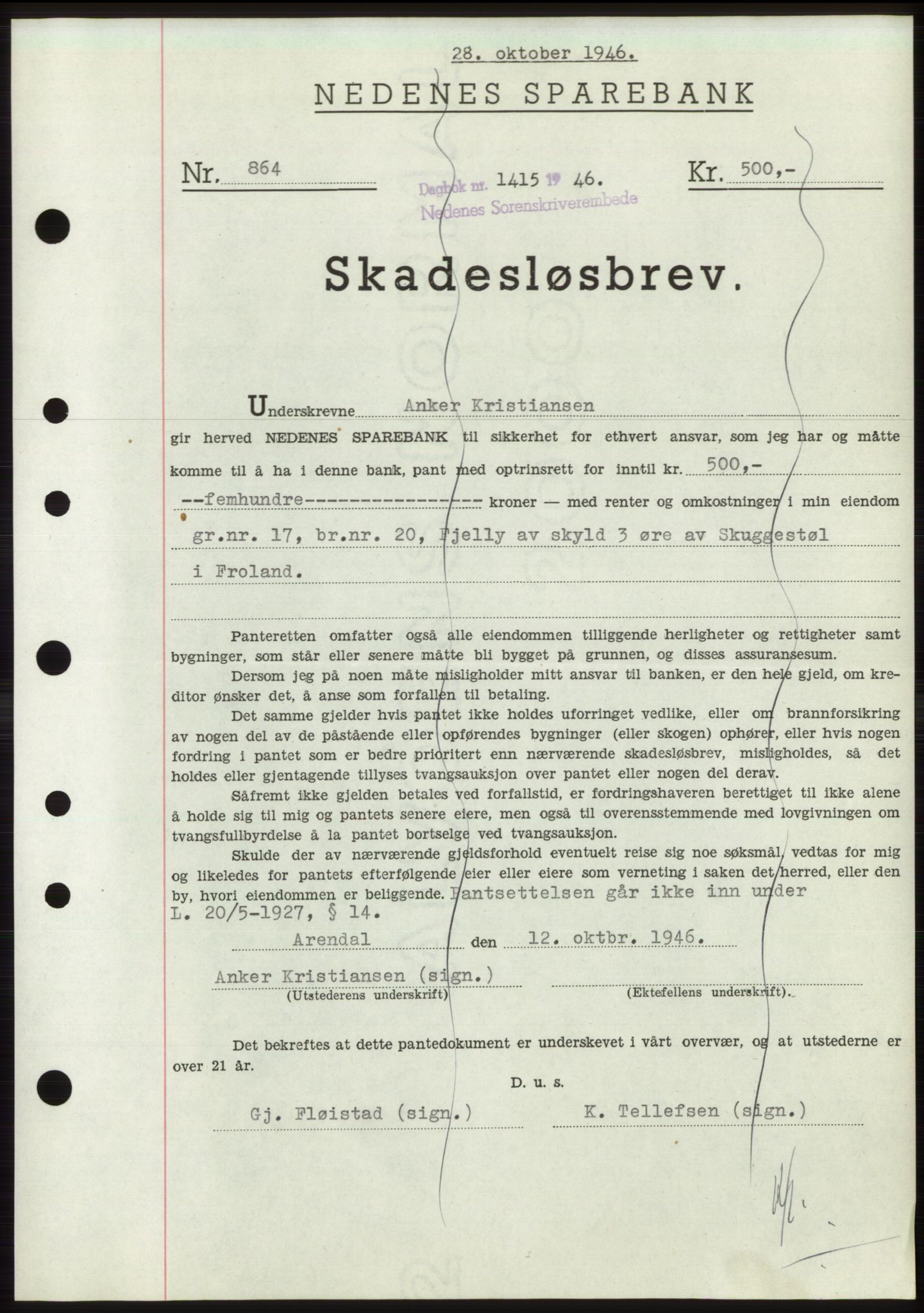 Nedenes sorenskriveri, SAK/1221-0006/G/Gb/Gbb/L0003: Mortgage book no. B3b, 1946-1946, Diary no: : 1415/1946