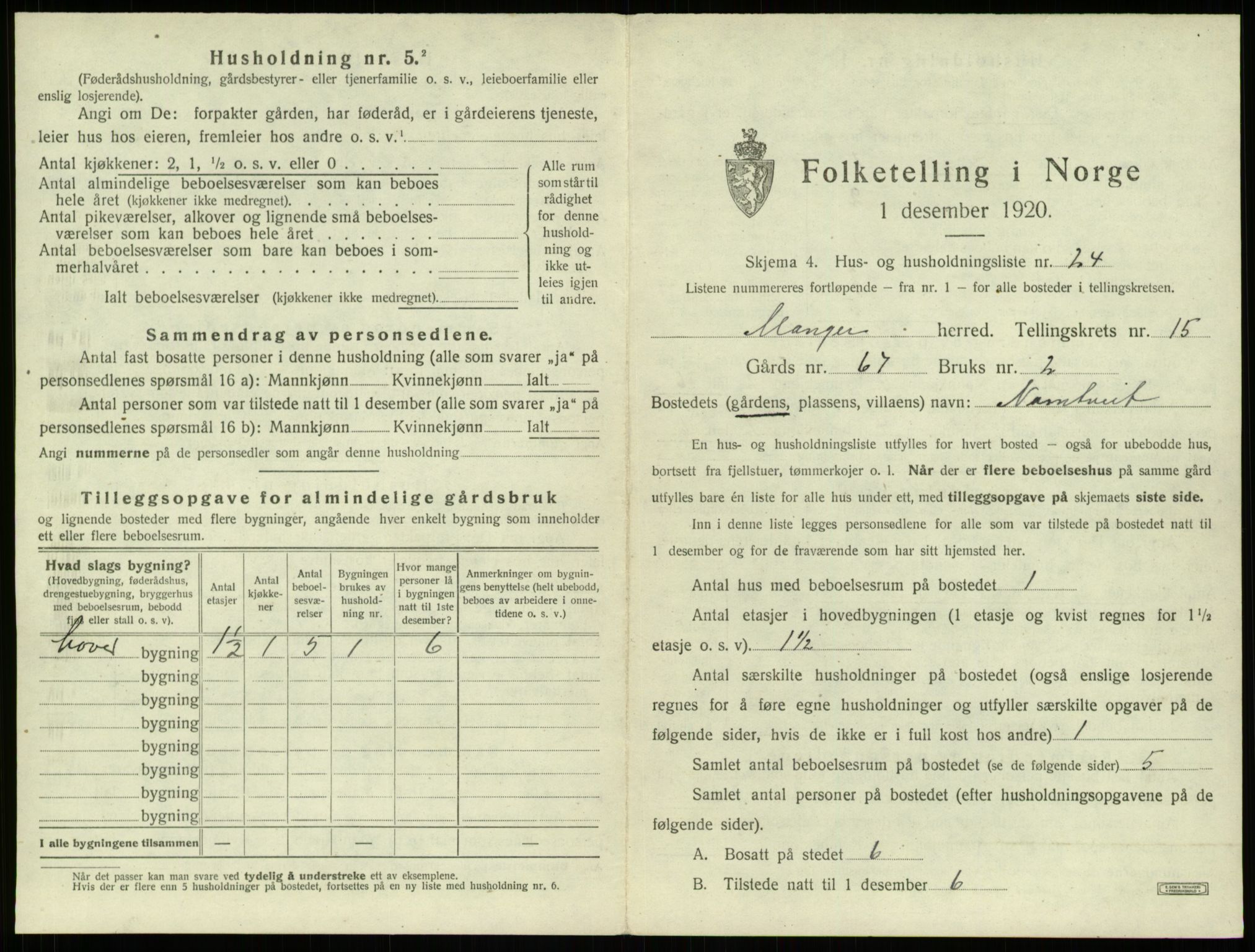 SAB, 1920 census for Manger, 1920, p. 1170