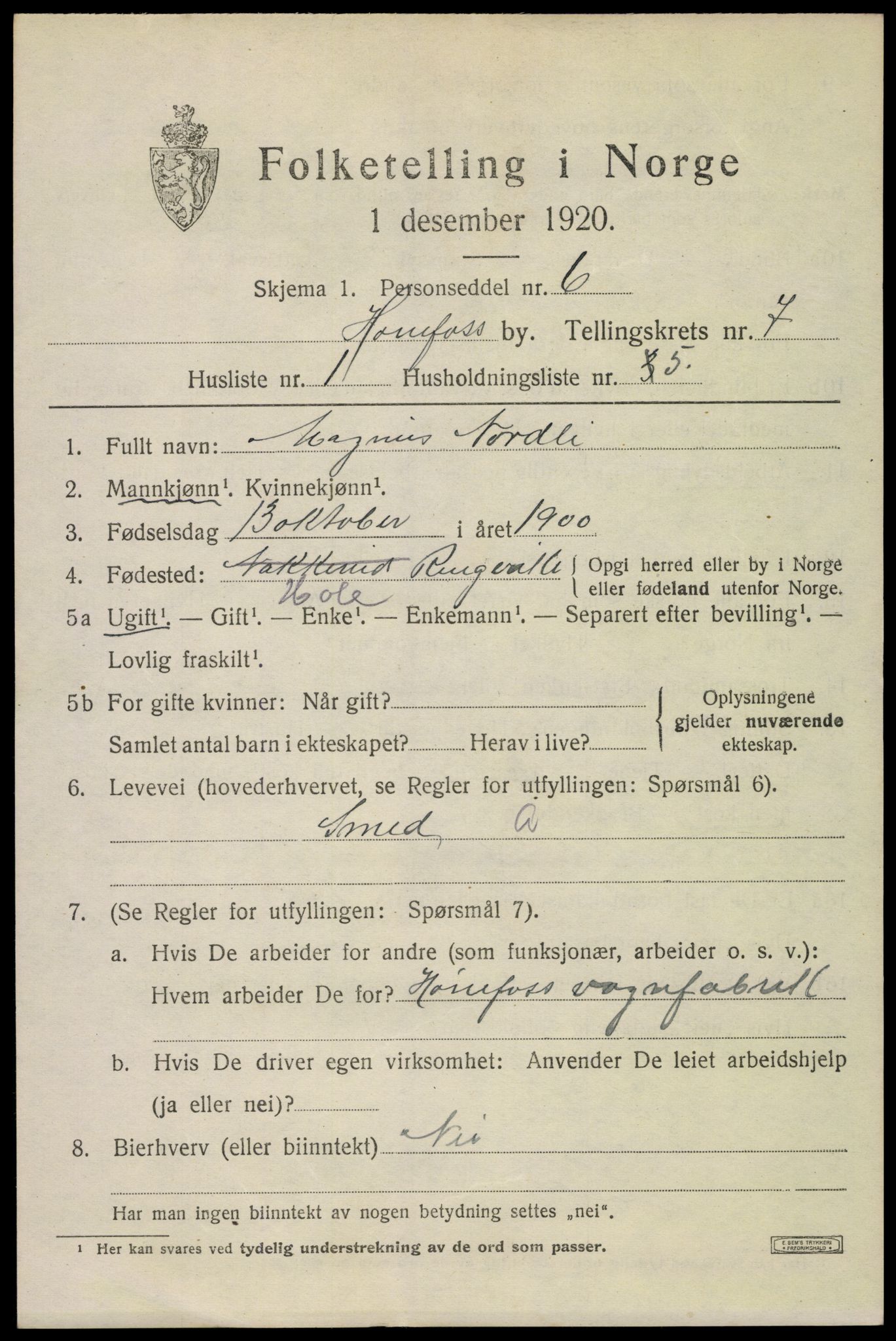 SAKO, 1920 census for Hønefoss, 1920, p. 7890