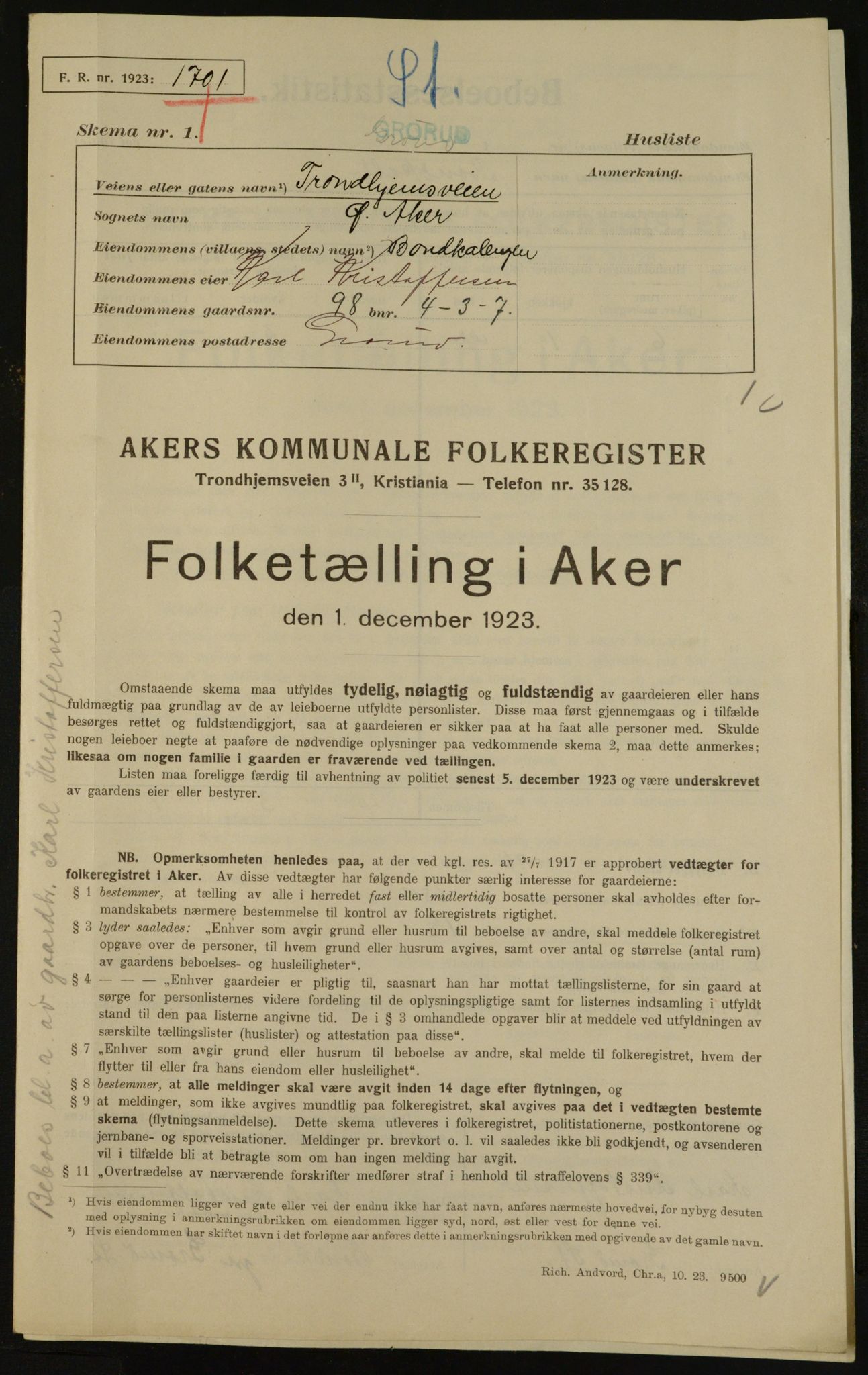 , Municipal Census 1923 for Aker, 1923, p. 33314