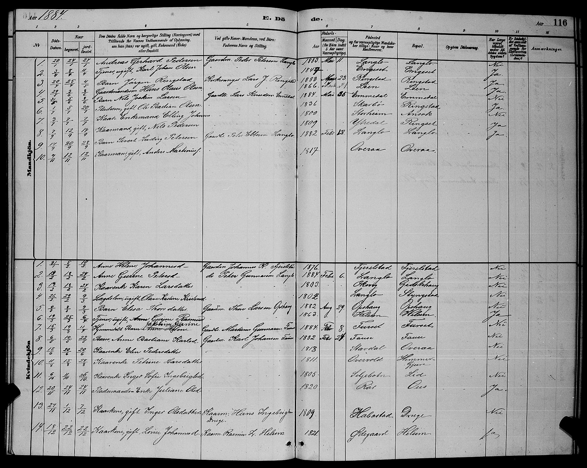 Ministerialprotokoller, klokkerbøker og fødselsregistre - Møre og Romsdal, SAT/A-1454/520/L0292: Parish register (copy) no. 520C04, 1882-1901, p. 116