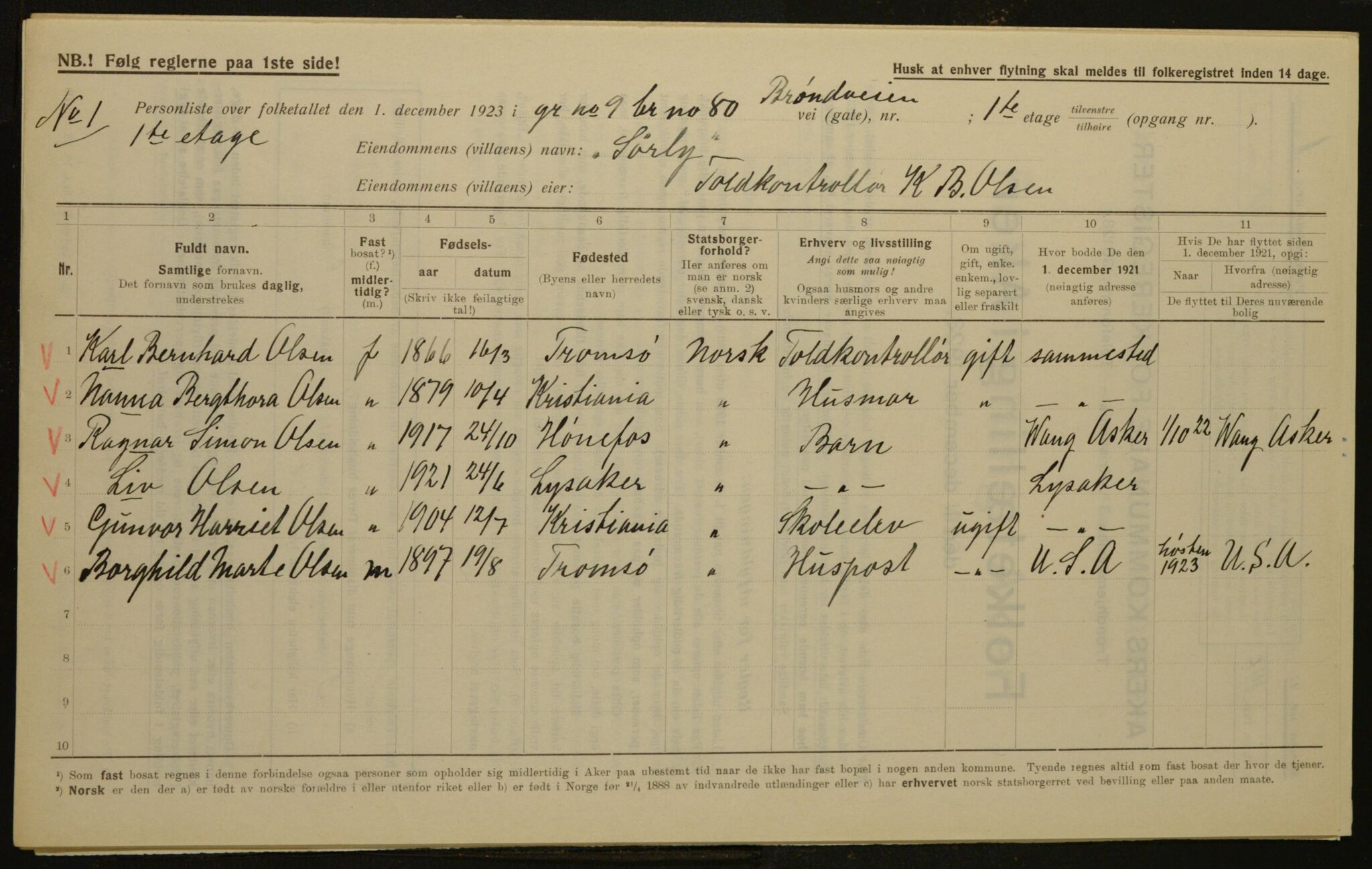 , Municipal Census 1923 for Aker, 1923, p. 799