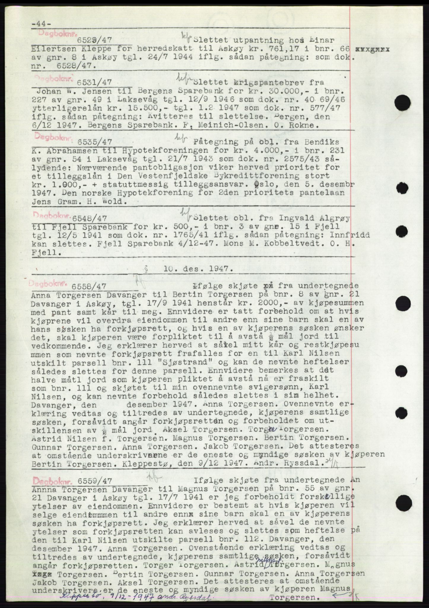Midhordland sorenskriveri, AV/SAB-A-3001/1/G/Gb/Gbp/L0004: Mortgage book no. C3b, 1946-1949, Diary no: : 6529/1947