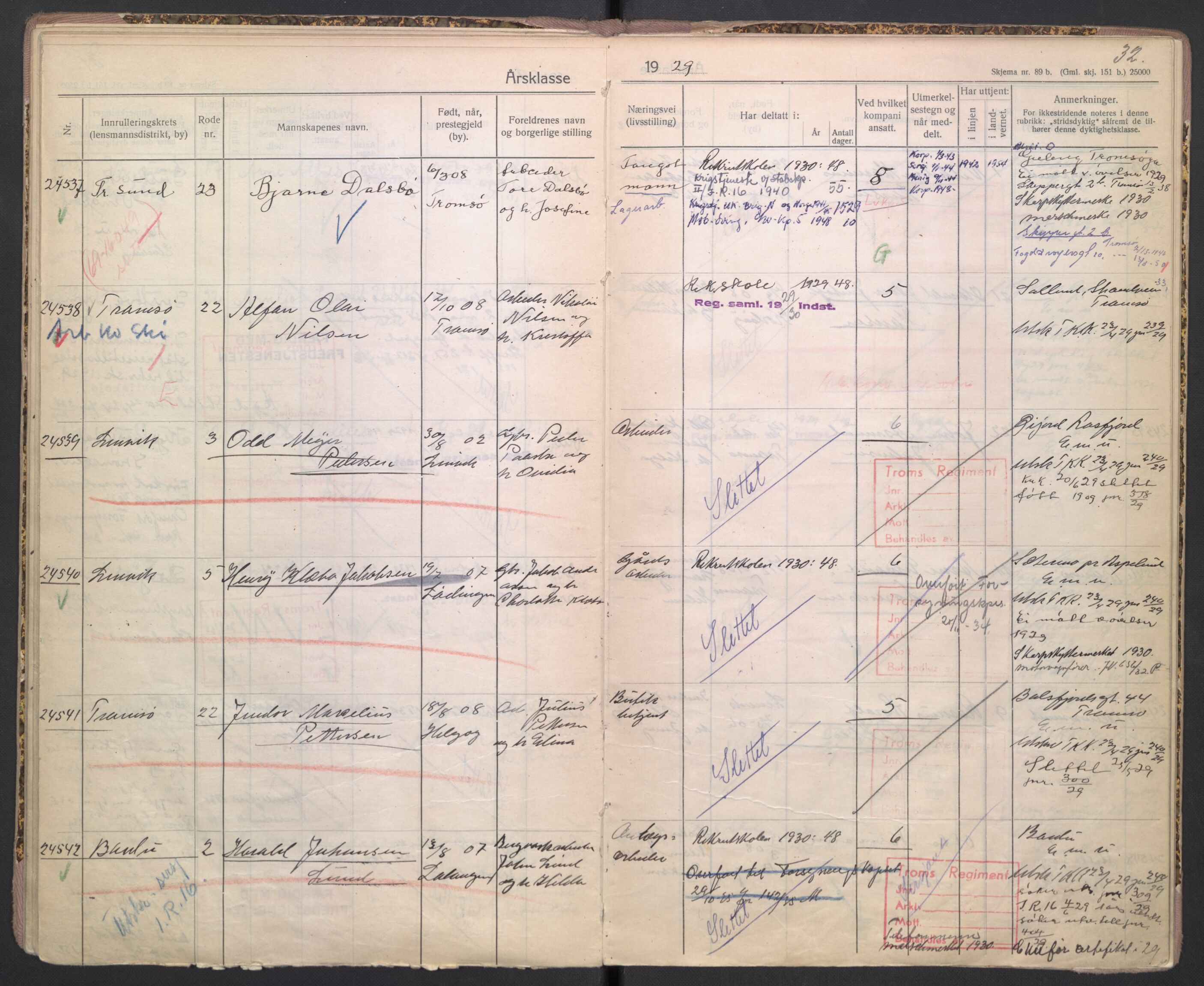 Forsvaret, Troms infanteriregiment nr. 16, AV/RA-RAFA-3146/P/Pa/L0005/0001: Ruller / Rulle for Bardu bataljons menige mannskaper, årsklasse 1929, 1929, p. 32