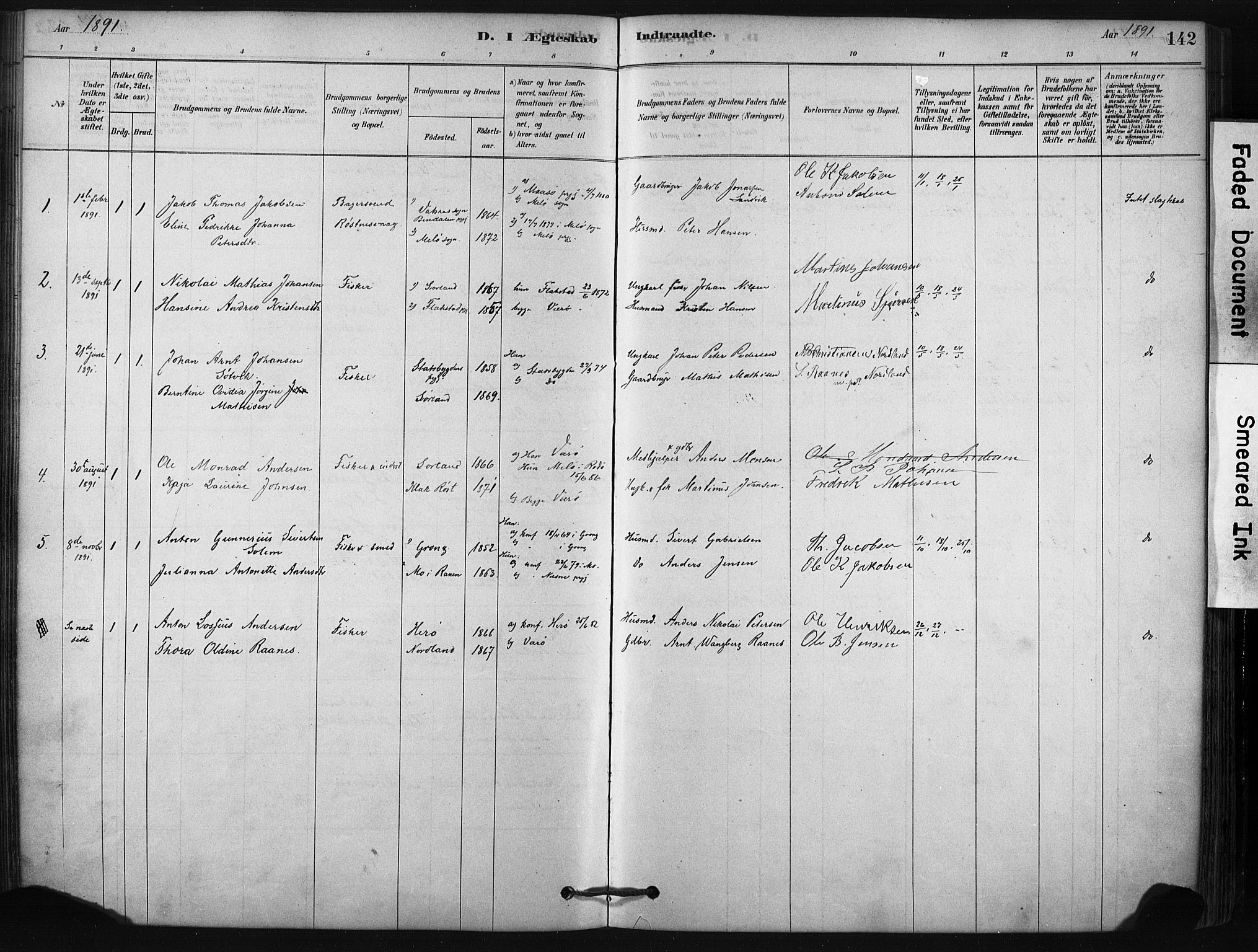 Ministerialprotokoller, klokkerbøker og fødselsregistre - Nordland, AV/SAT-A-1459/807/L0122: Parish register (official) no. 807A05, 1880-1902, p. 142