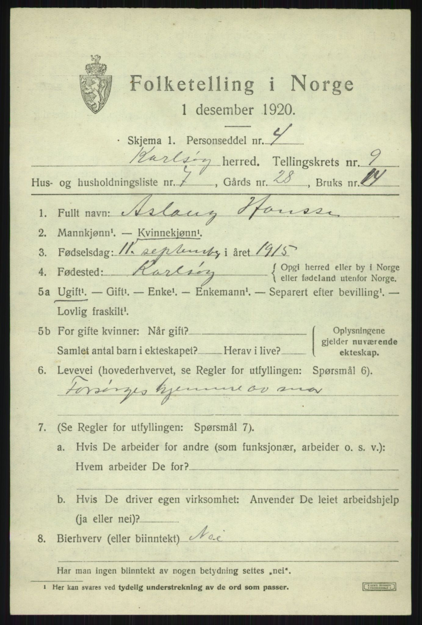 SATØ, 1920 census for Karlsøy, 1920, p. 3394