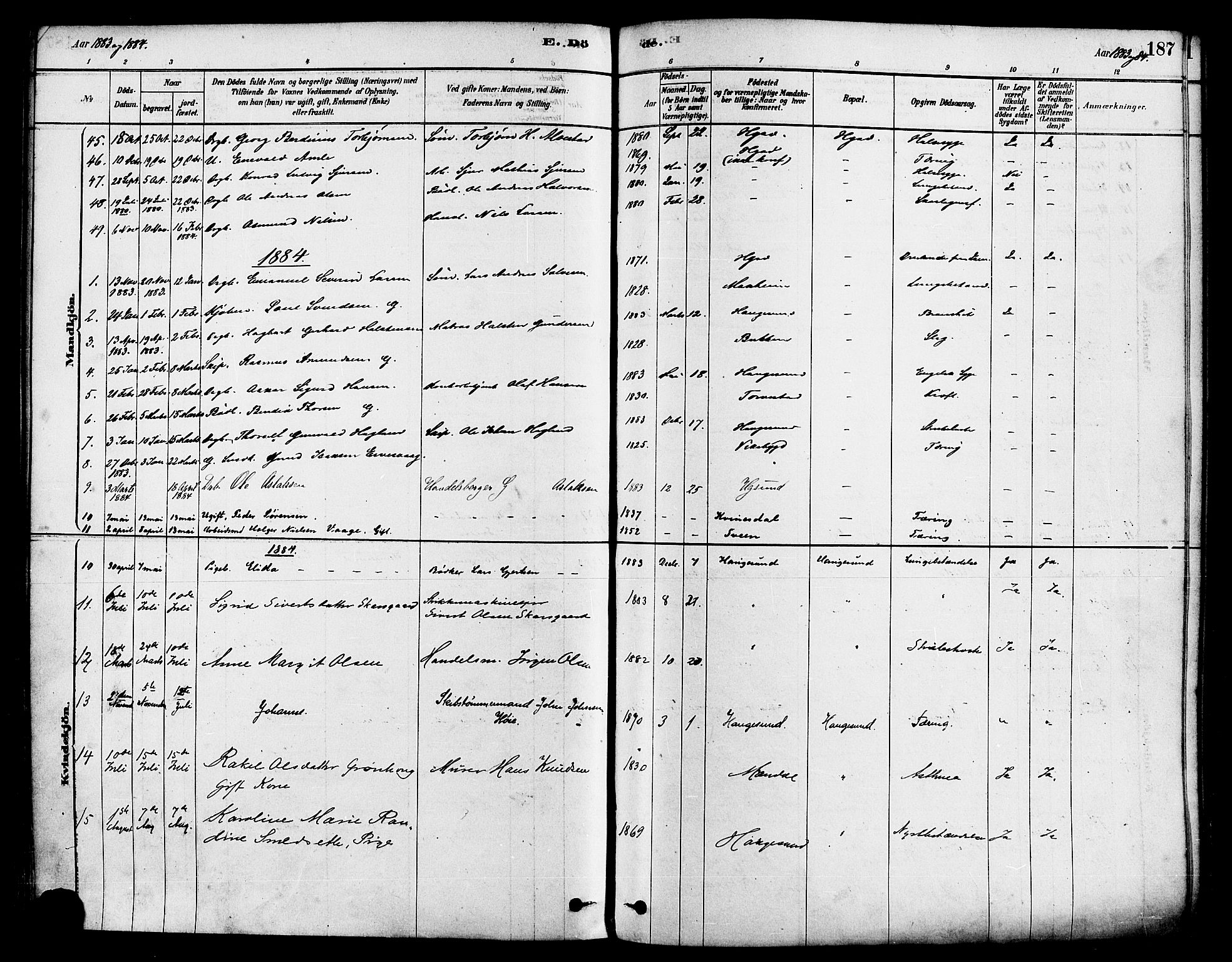 Haugesund sokneprestkontor, SAST/A -101863/H/Ha/Haa/L0001: Parish register (official) no. A 1, 1878-1885, p. 187