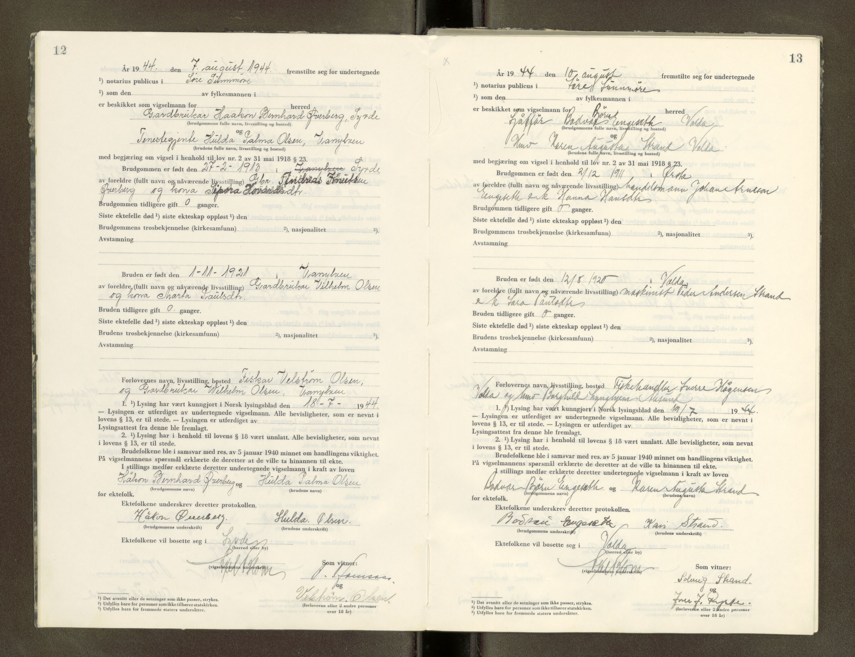 Søre Sunnmøre sorenskriveri, AV/SAT-A-4122/1/6/6D/L0003: Vigselsbok, 1944-1966, p. 12-13