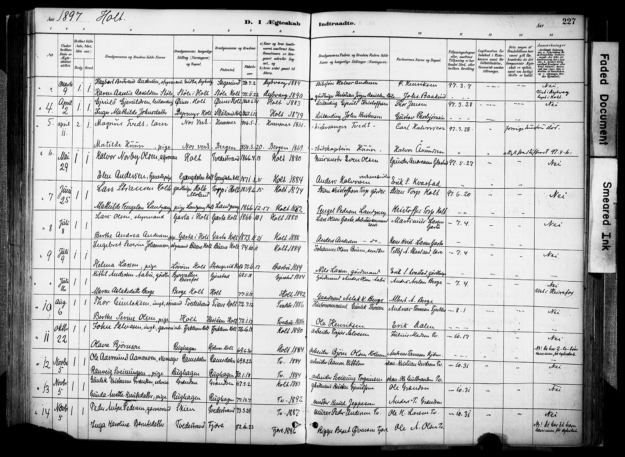 Holt sokneprestkontor, AV/SAK-1111-0021/F/Fa/L0012: Parish register (official) no. A 12, 1885-1907, p. 227