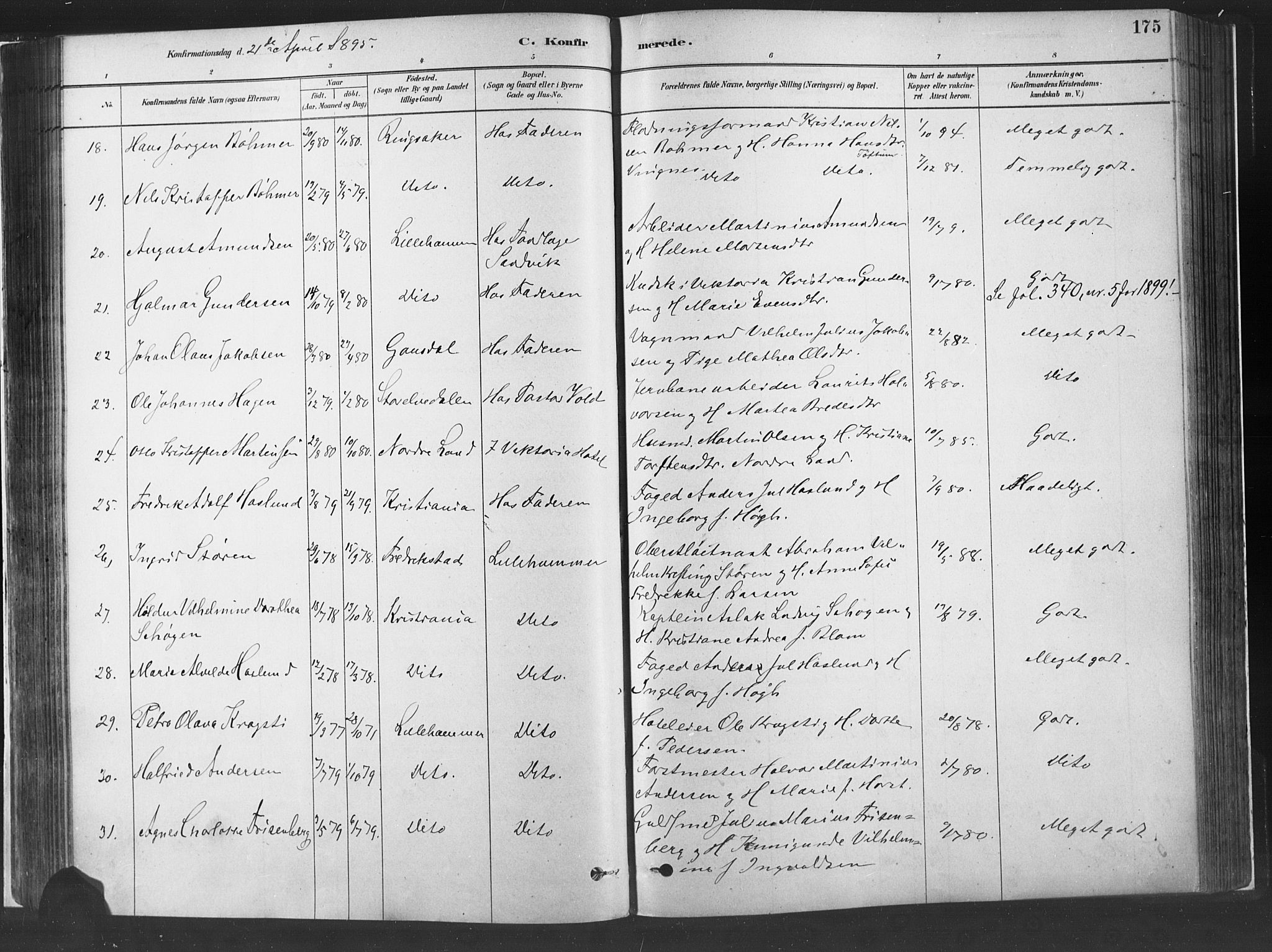 Fåberg prestekontor, SAH/PREST-086/H/Ha/Haa/L0010: Parish register (official) no. 10, 1879-1900, p. 175