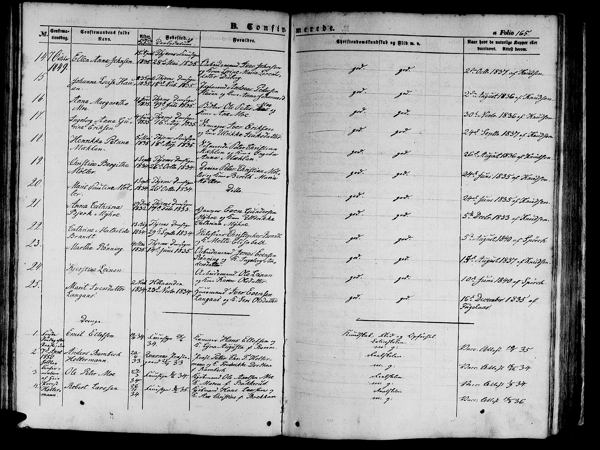 Ministerialprotokoller, klokkerbøker og fødselsregistre - Sør-Trøndelag, SAT/A-1456/602/L0137: Parish register (copy) no. 602C05, 1846-1856, p. 165
