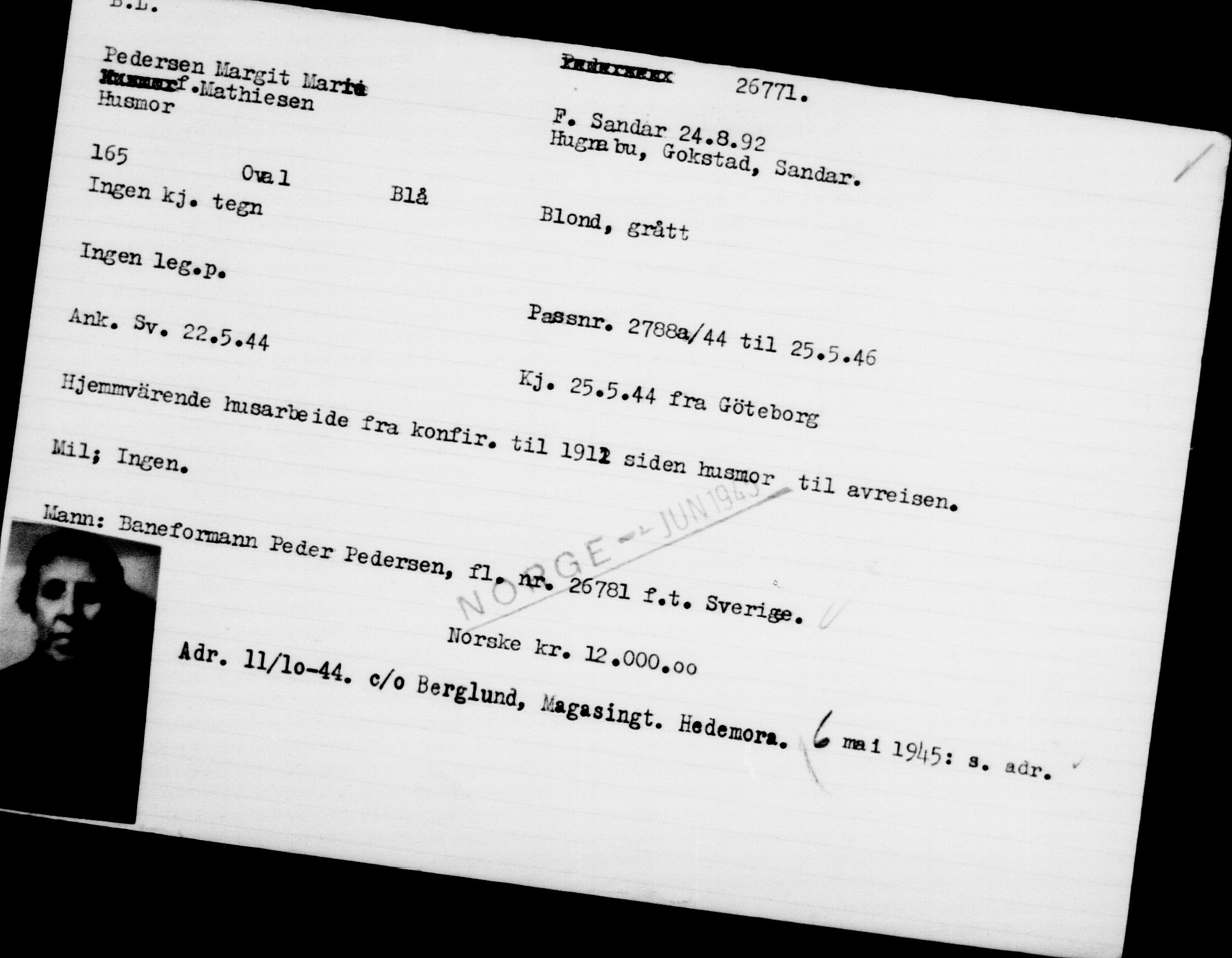 Utenriksstasjonene, Legasjonen i Stockholm, Flyktningkontoret, AV/RA-S-6753/V/Va/L0011: Kjesäterkartoteket, flyktninger med registreringsnr. 25300-28349, 1940-1945, p. 1547