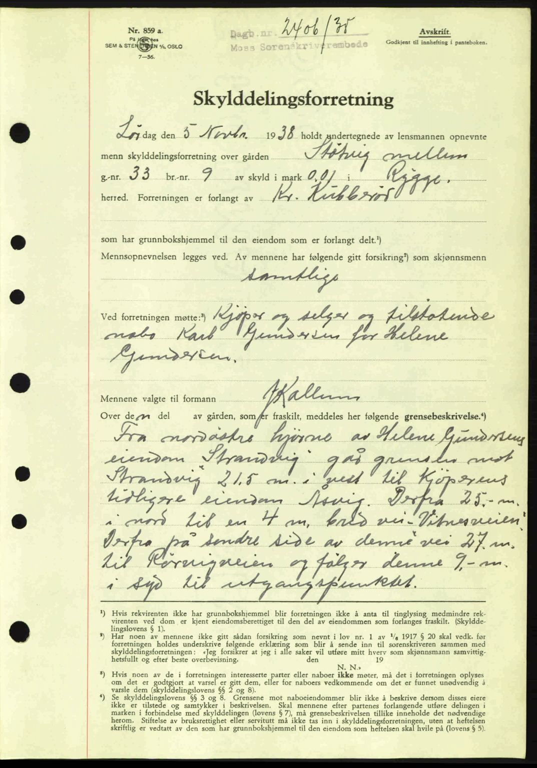 Moss sorenskriveri, SAO/A-10168: Mortgage book no. A5, 1938-1939, Diary no: : 2406/1938