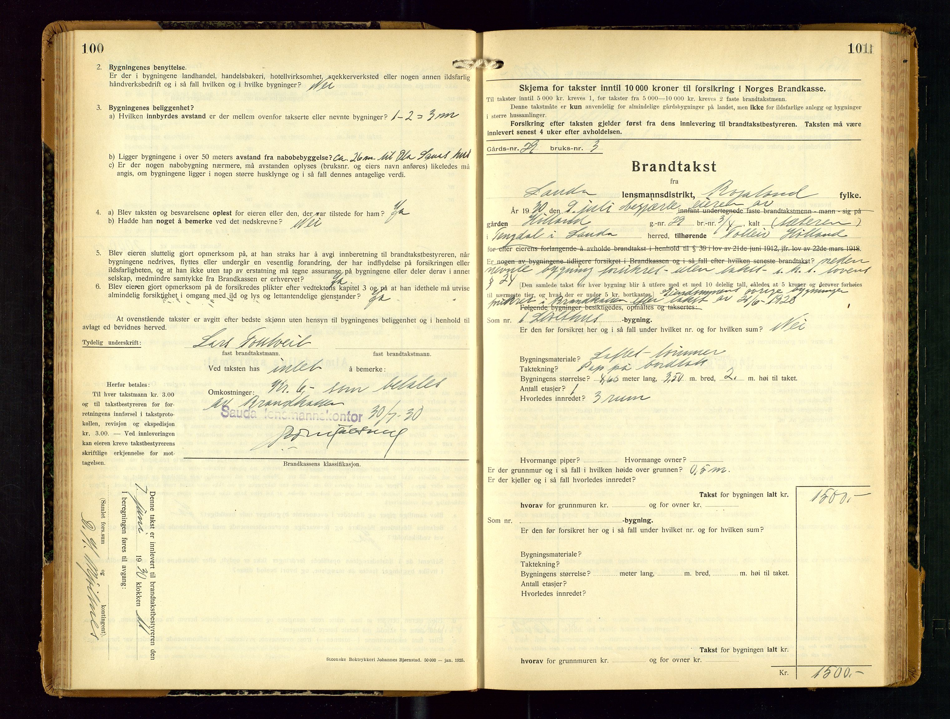 Sauda lensmannskontor, AV/SAST-A-100177/Gob/L0003: Branntakstprotokoll - skjematakst, 1928-1936, p. 100-101