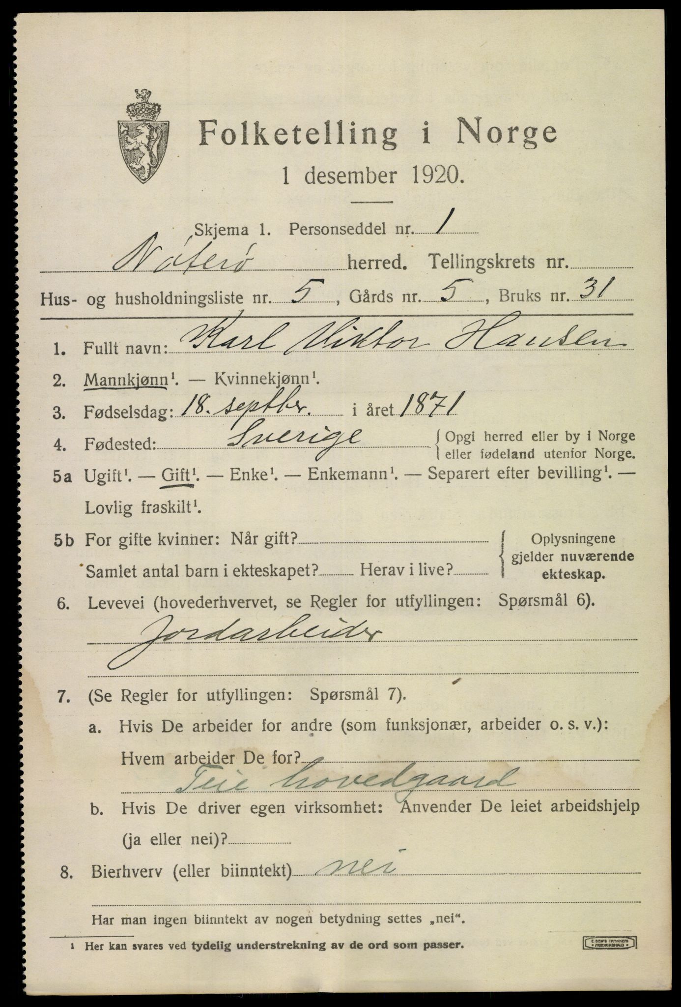 SAKO, 1920 census for Nøtterøy, 1920, p. 6709