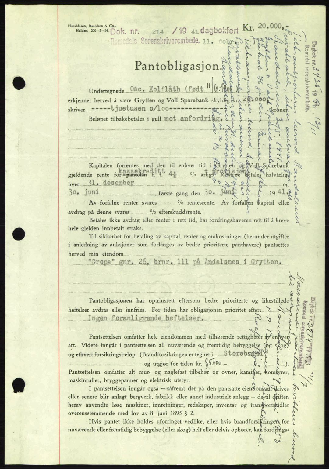 Romsdal sorenskriveri, AV/SAT-A-4149/1/2/2C: Mortgage book no. B2, 1939-1945, Diary no: : 214/1941