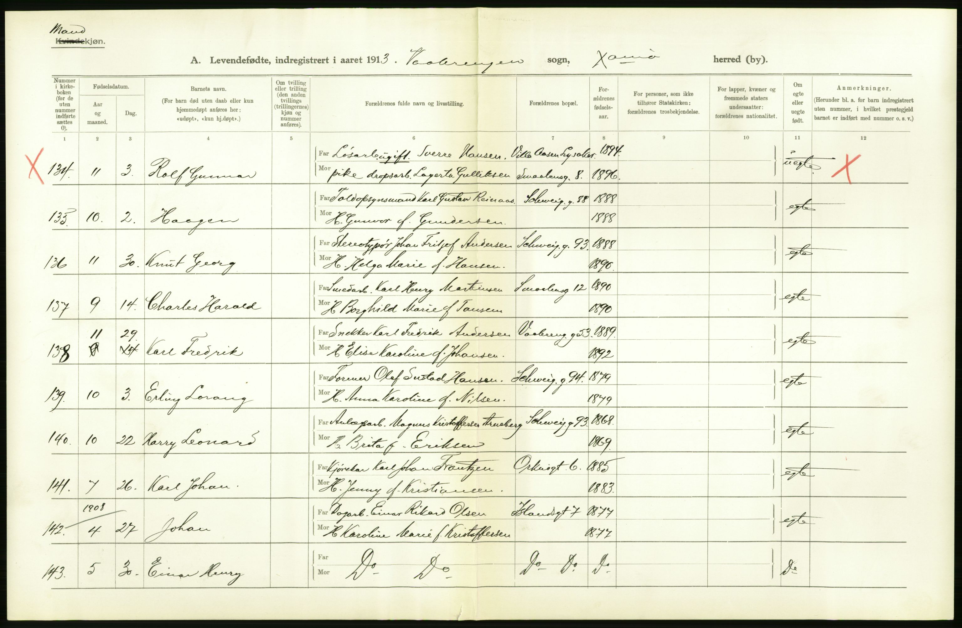 Statistisk sentralbyrå, Sosiodemografiske emner, Befolkning, RA/S-2228/D/Df/Dfb/Dfbc/L0007: Kristiania: Levendefødte menn og kvinner., 1913, p. 336