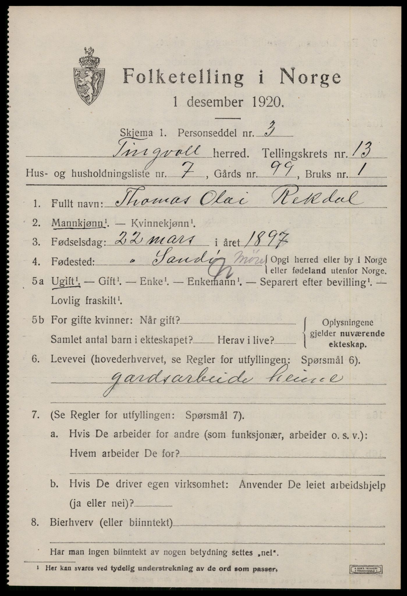 SAT, 1920 census for Tingvoll, 1920, p. 6890