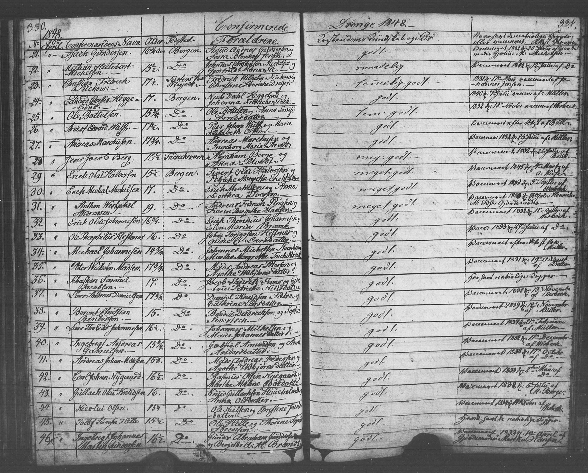 Domkirken sokneprestembete, AV/SAB-A-74801/H/Haa/L0063: Curate's parish register no. A 1, 1821-1848, p. 330-331