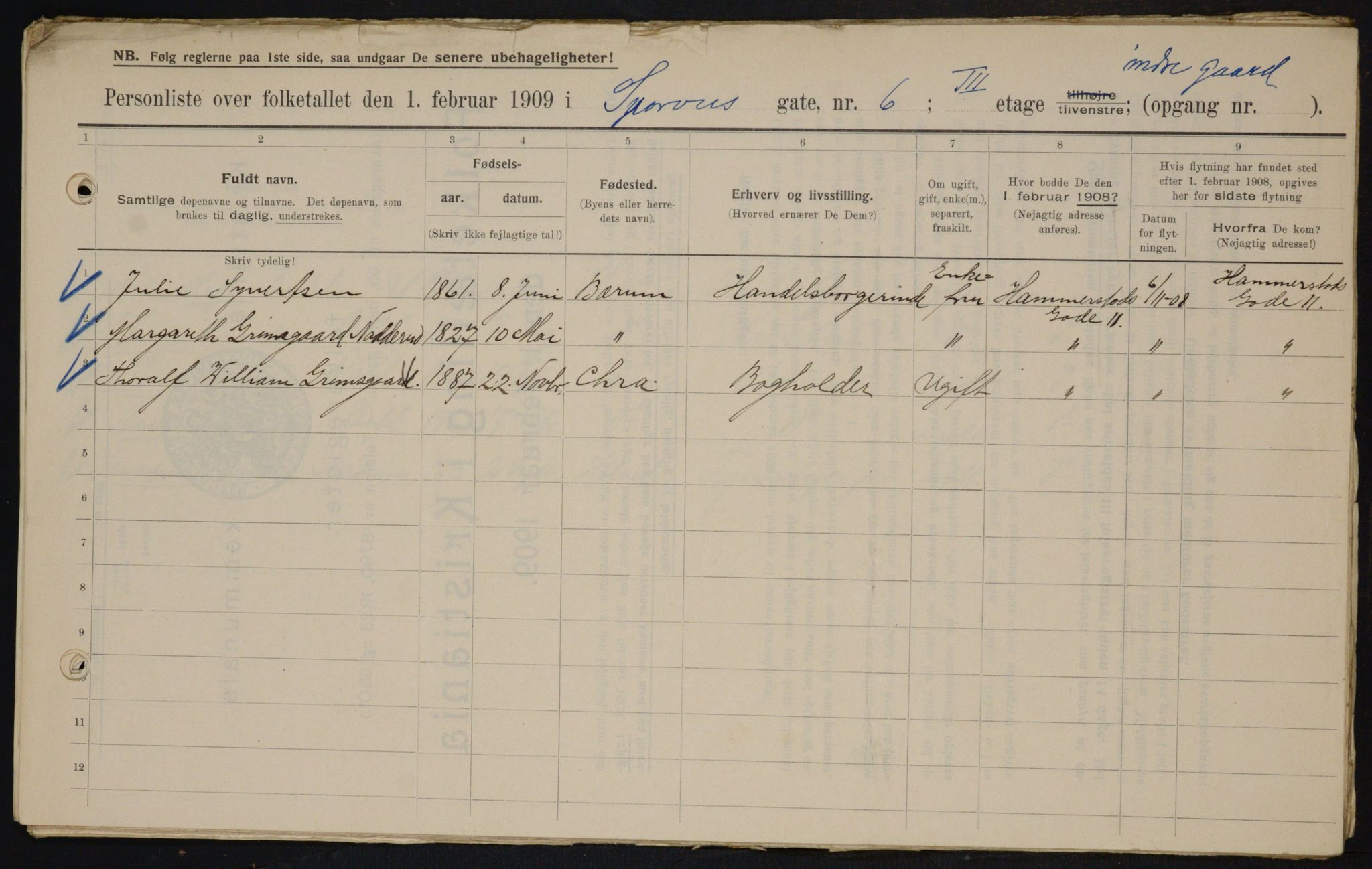 OBA, Municipal Census 1909 for Kristiania, 1909, p. 91009