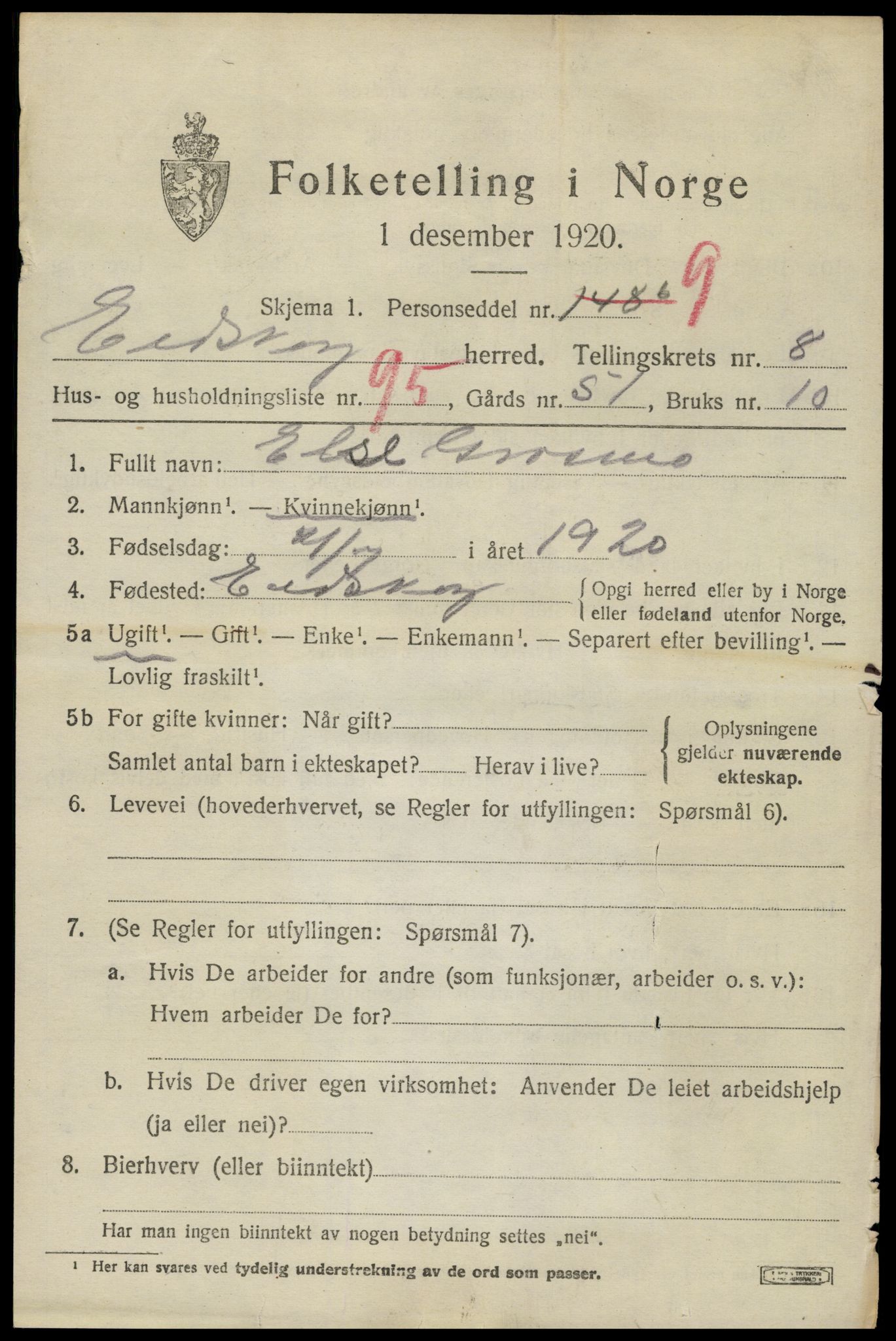 SAH, 1920 census for Eidskog, 1920, p. 9995