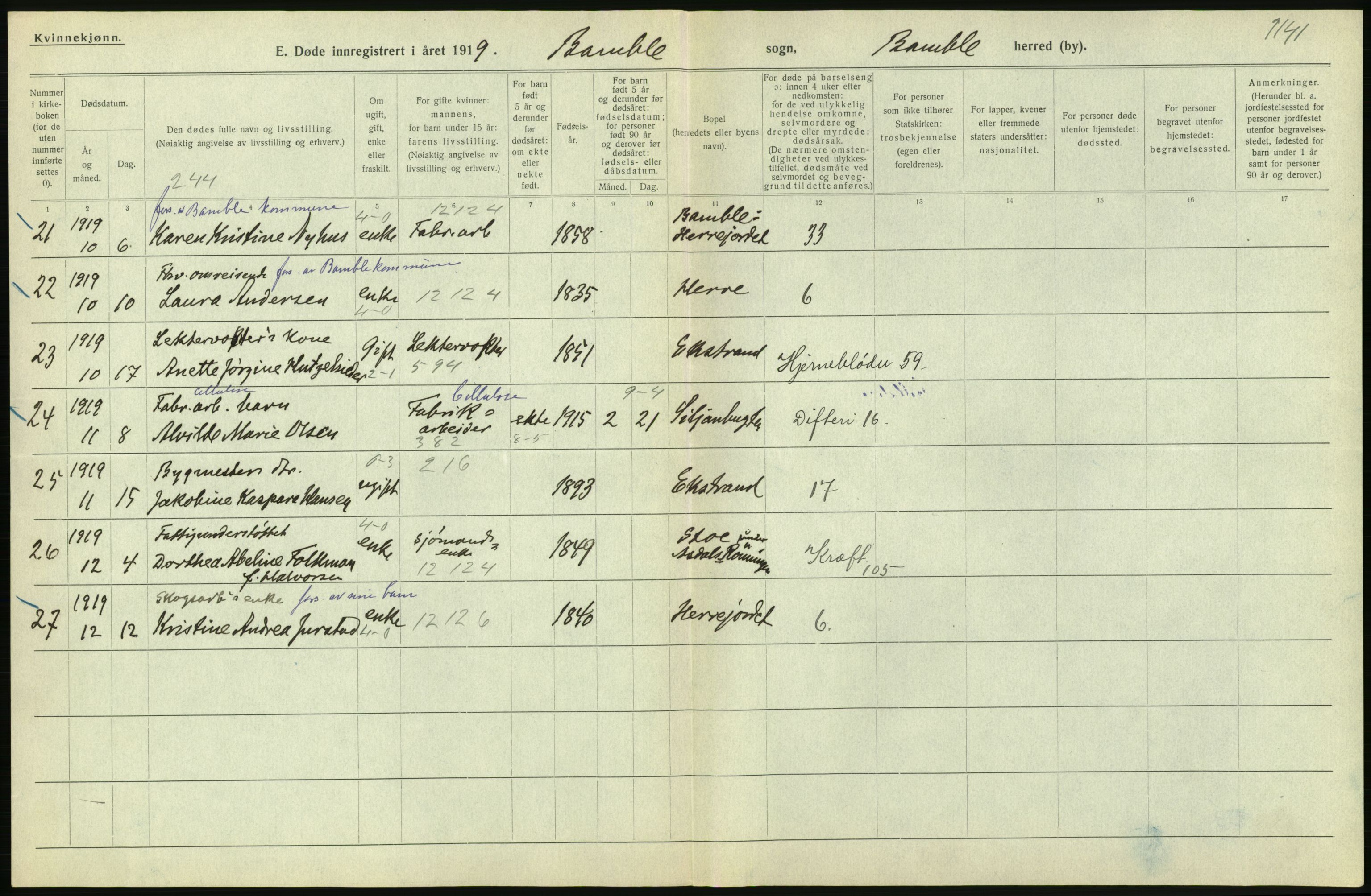 Statistisk sentralbyrå, Sosiodemografiske emner, Befolkning, RA/S-2228/D/Df/Dfb/Dfbi/L0023: Telemark fylke: Døde. Bygder og byer., 1919, p. 206