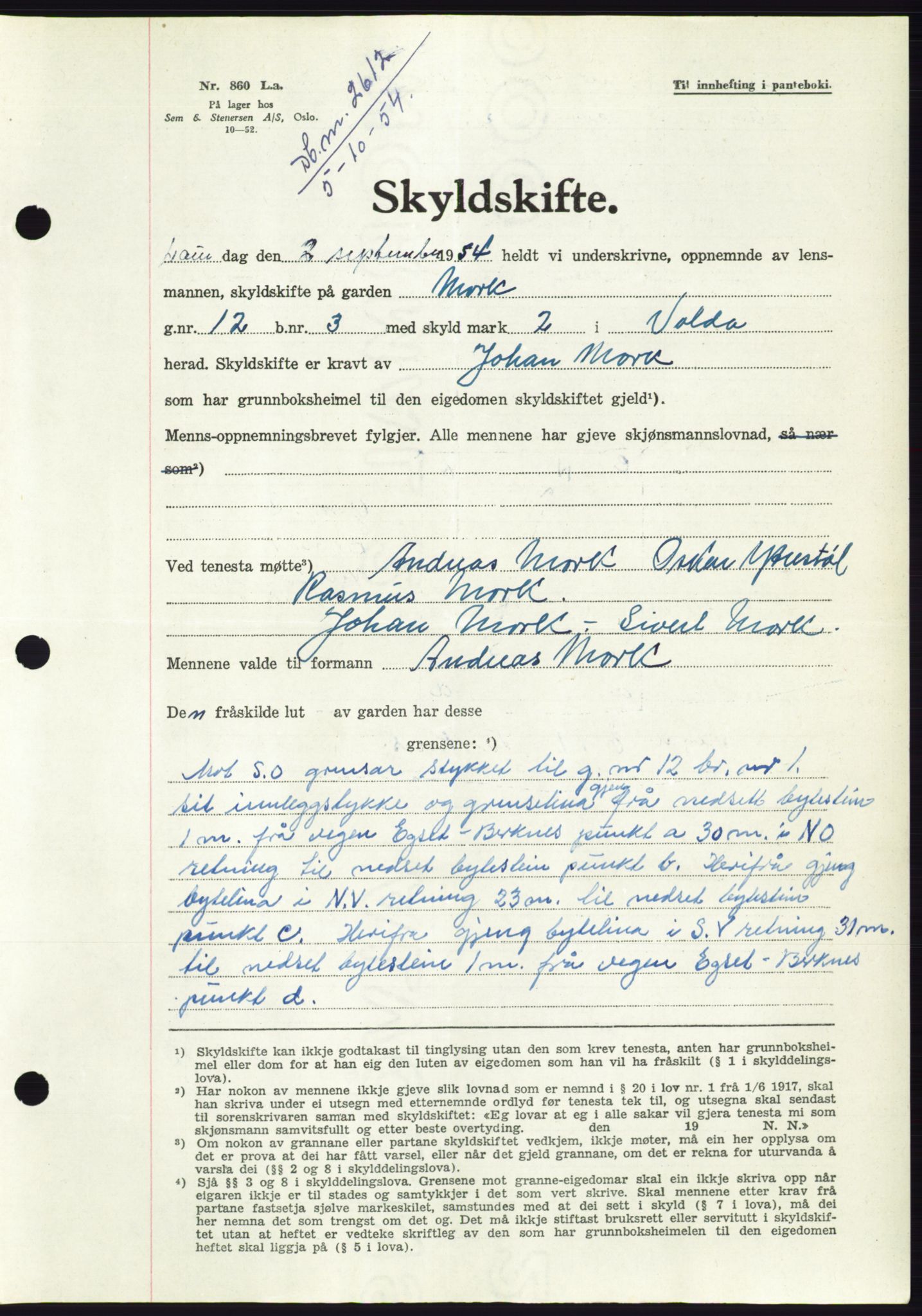 Søre Sunnmøre sorenskriveri, AV/SAT-A-4122/1/2/2C/L0099: Mortgage book no. 25A, 1954-1954, Diary no: : 2612/1954
