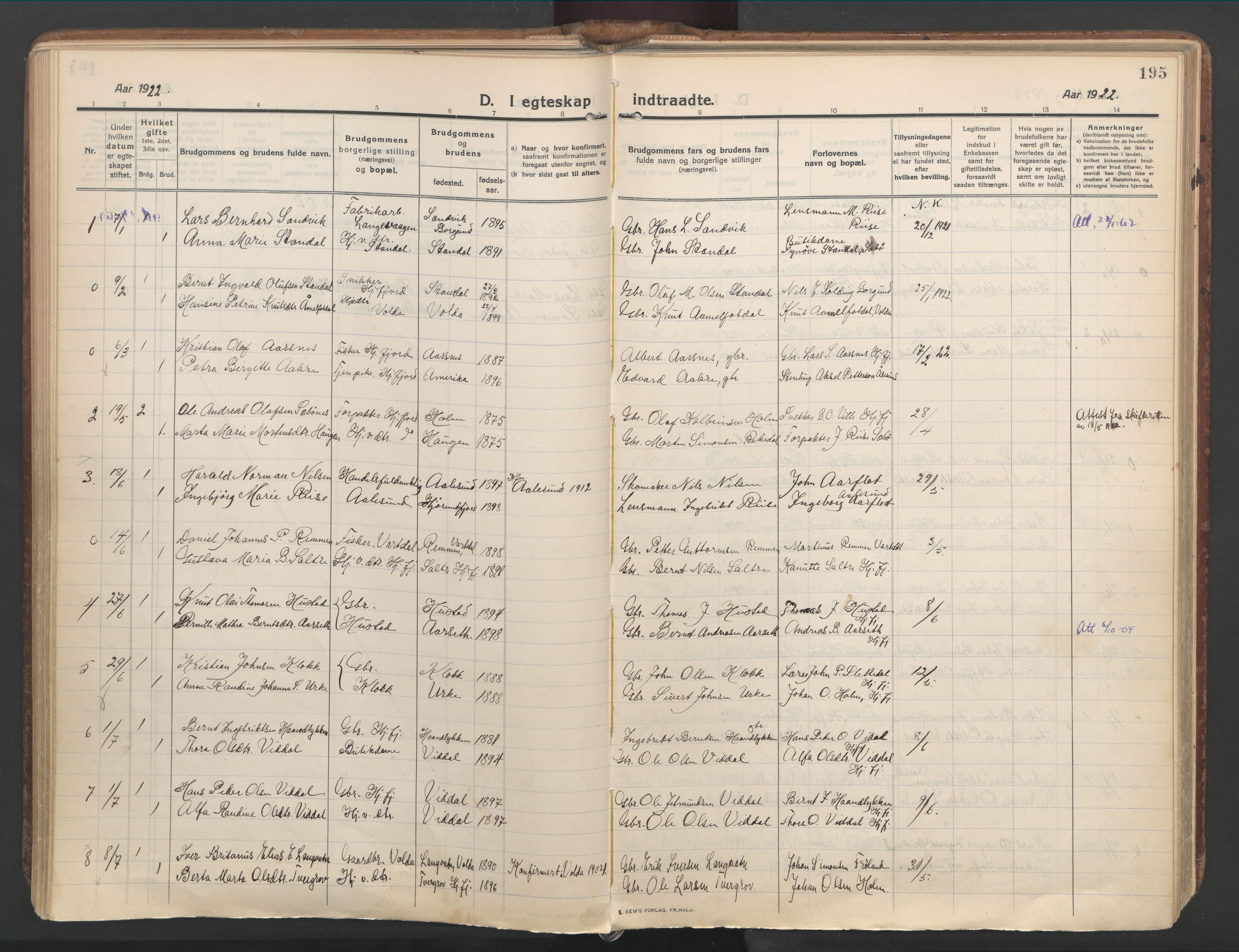 Ministerialprotokoller, klokkerbøker og fødselsregistre - Møre og Romsdal, AV/SAT-A-1454/515/L0212: Parish register (official) no. 515A08, 1911-1935, p. 195