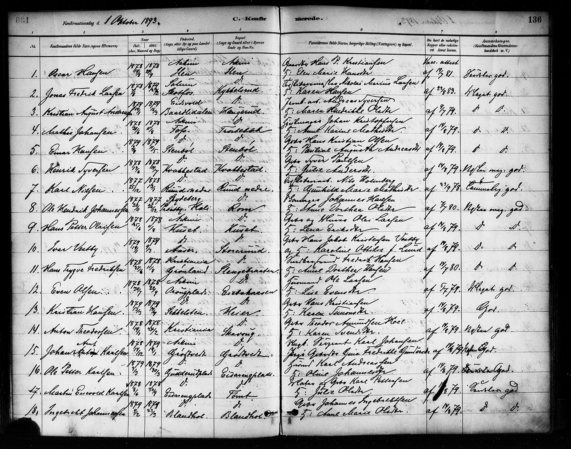 Askim prestekontor Kirkebøker, SAO/A-10900/F/Fa/L0007: Parish register (official) no. 7, 1882-1897, p. 136