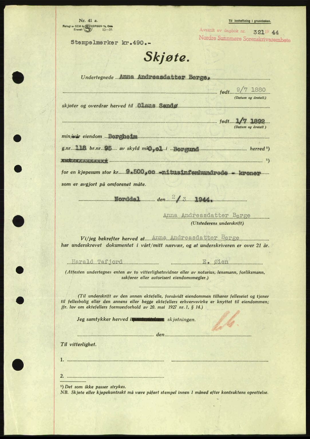 Nordre Sunnmøre sorenskriveri, AV/SAT-A-0006/1/2/2C/2Ca: Mortgage book no. A17, 1943-1944, Diary no: : 321/1944