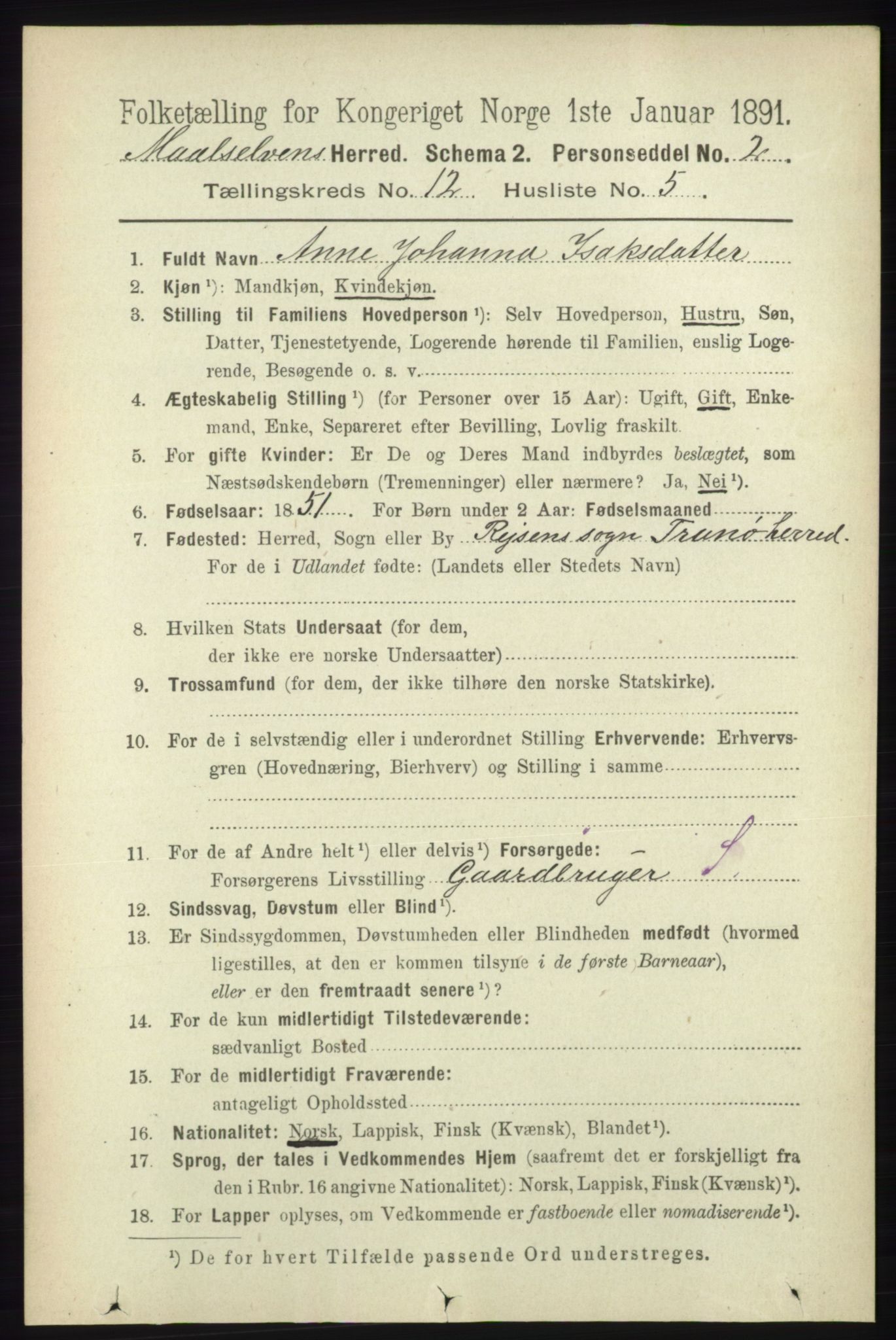 RA, 1891 census for 1924 Målselv, 1891, p. 3820