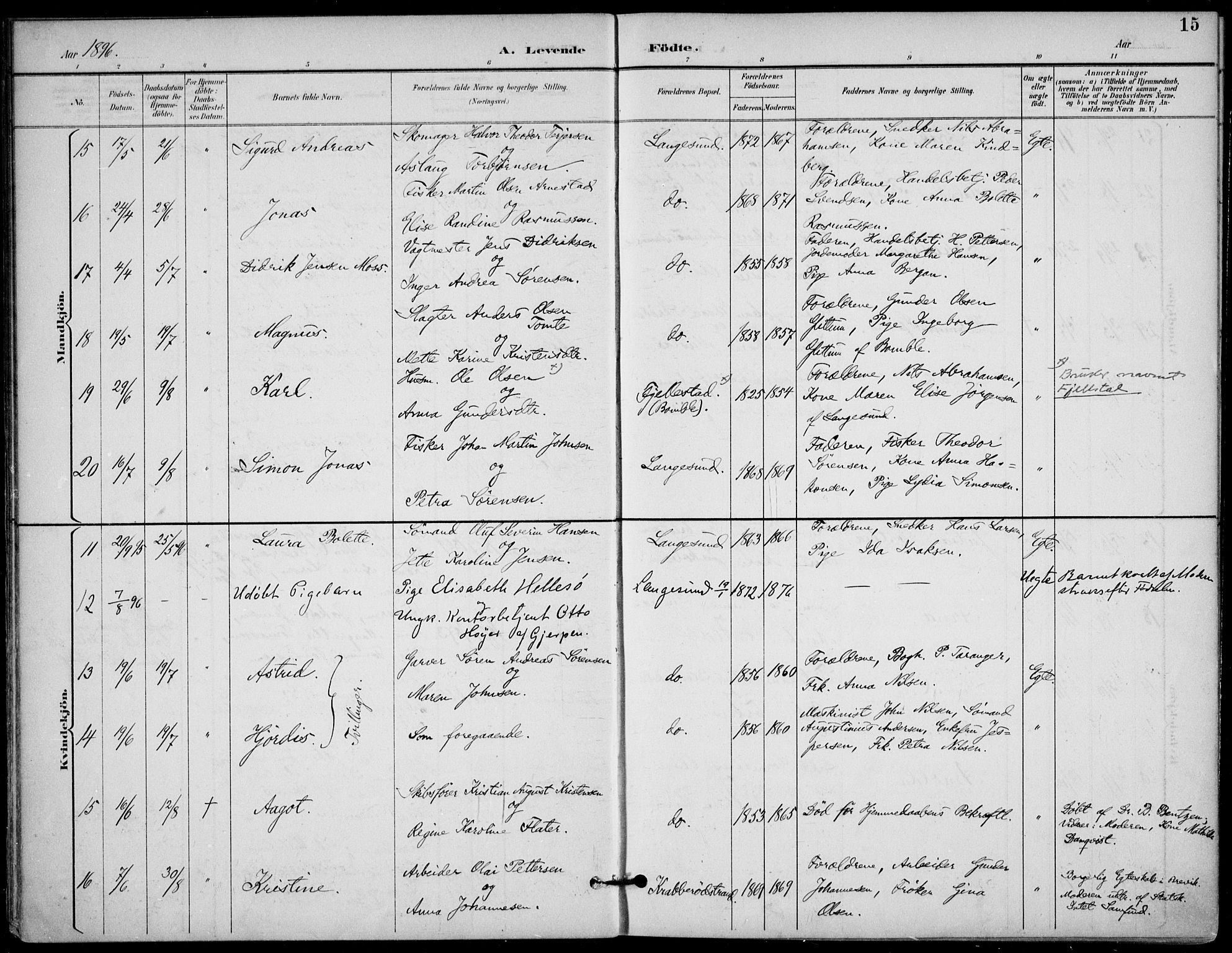 Langesund kirkebøker, SAKO/A-280/F/Fa/L0003: Parish register (official) no. 3, 1893-1907, p. 15