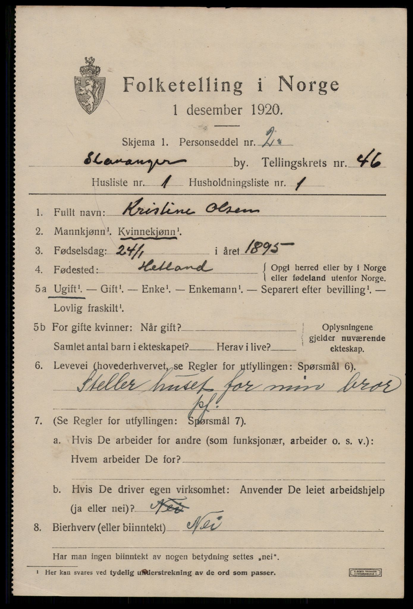 SAST, 1920 census for Stavanger, 1920, p. 112298