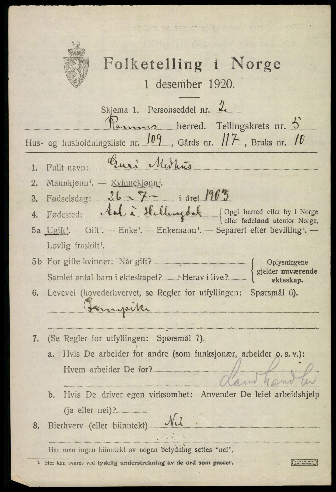 SAKO, 1920 census for Ramnes, 1920, p. 6190